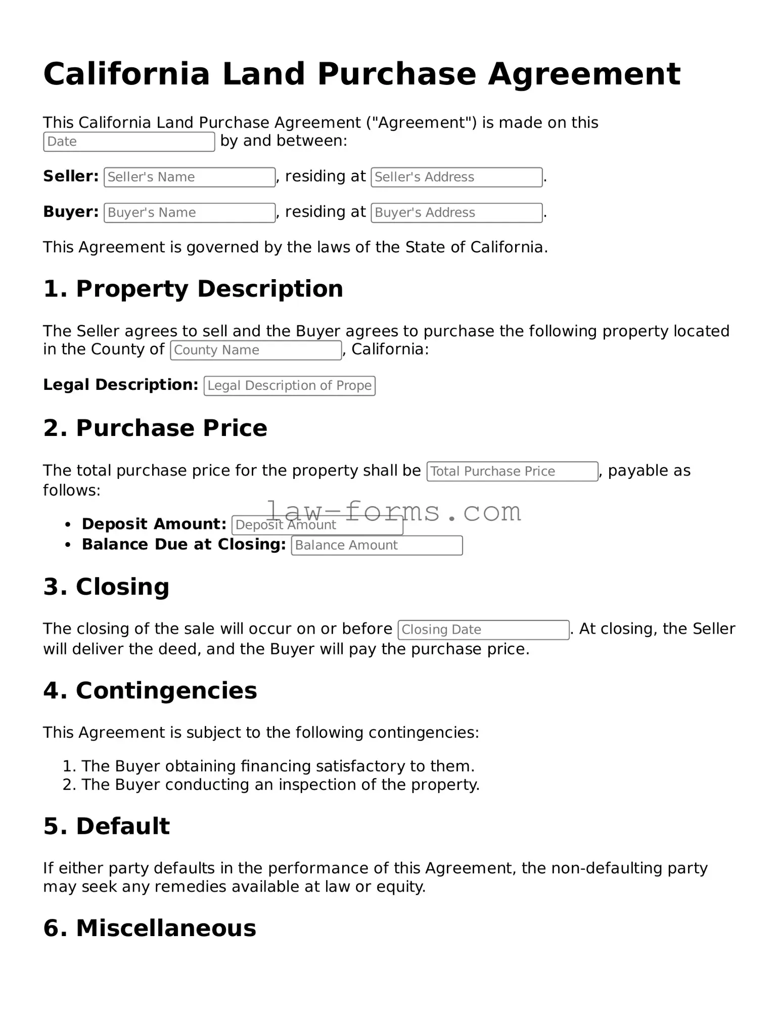 Valid Land Purchase Agreement Form for California State