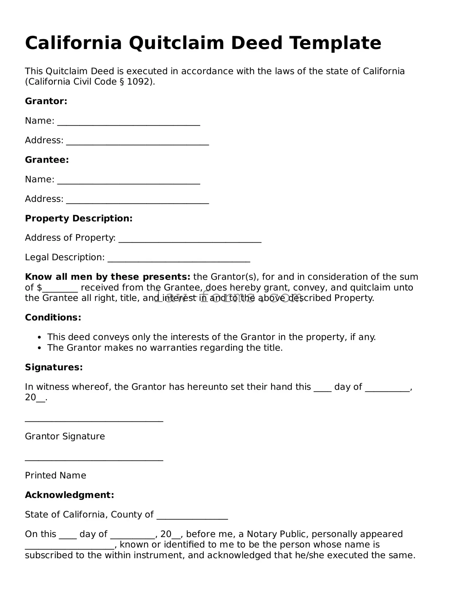 Valid Quitclaim Deed Form for California State