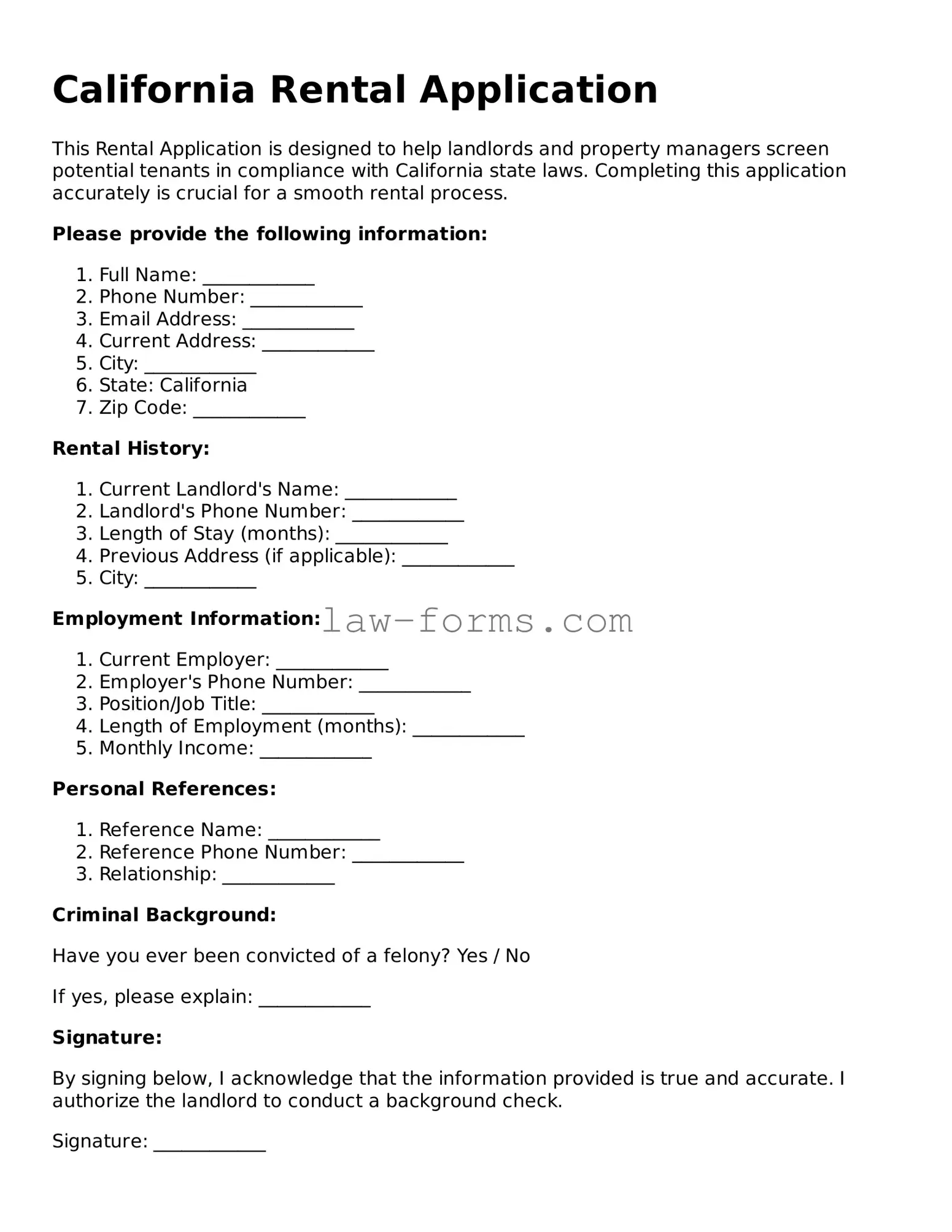Valid Rental Application Form for California State