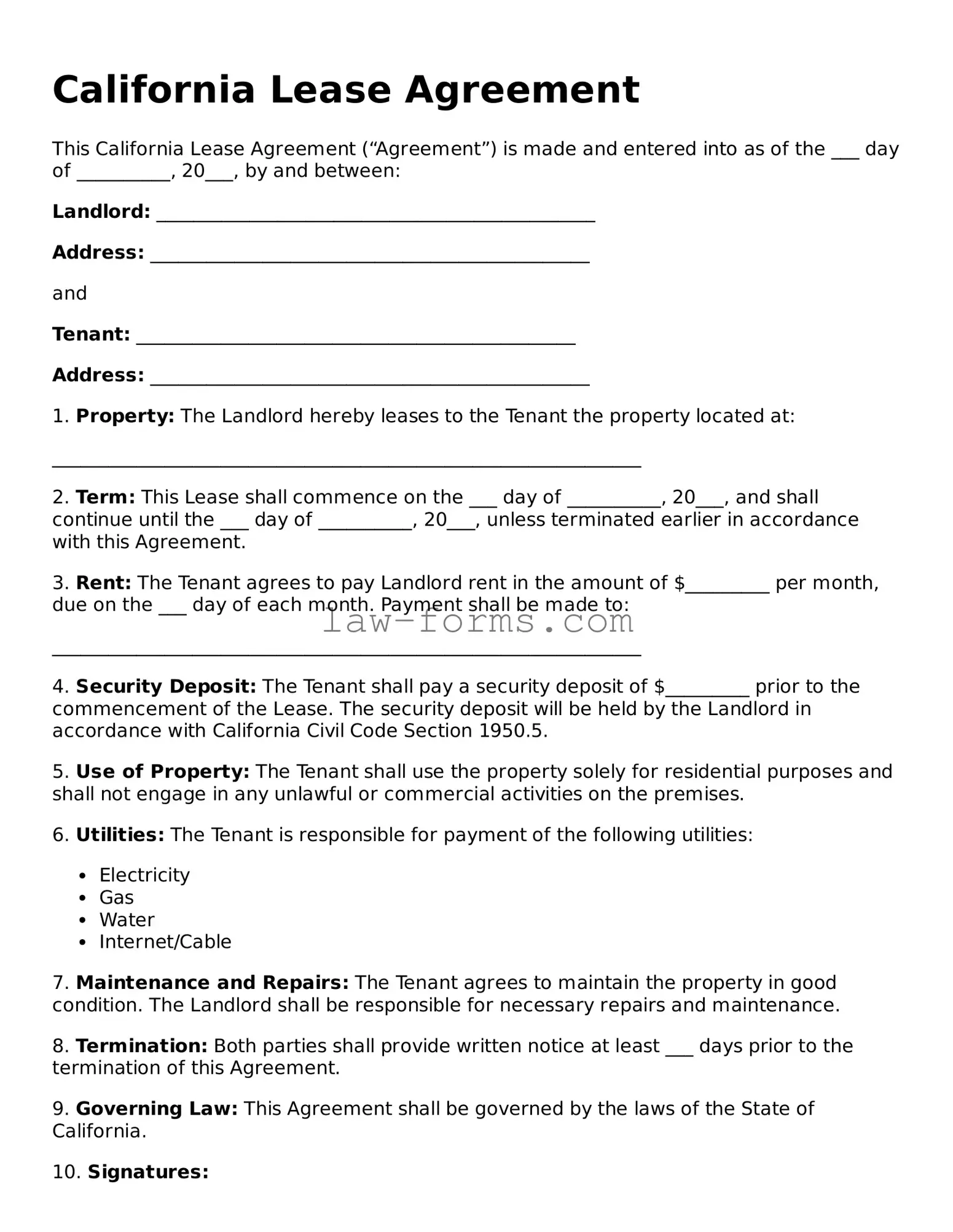Valid Lease Agreement Form for California State