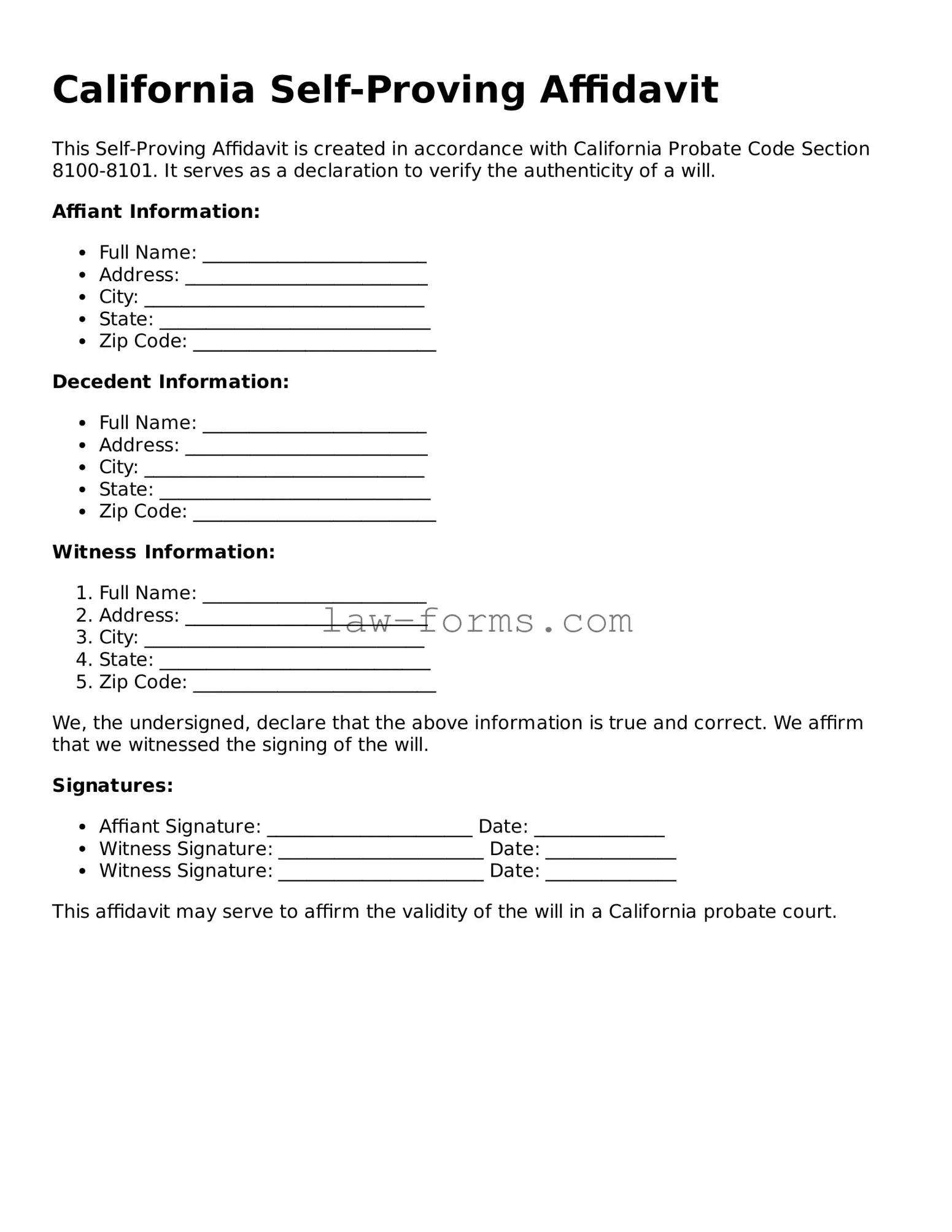 Valid Self-Proving Affidavit Form for California State