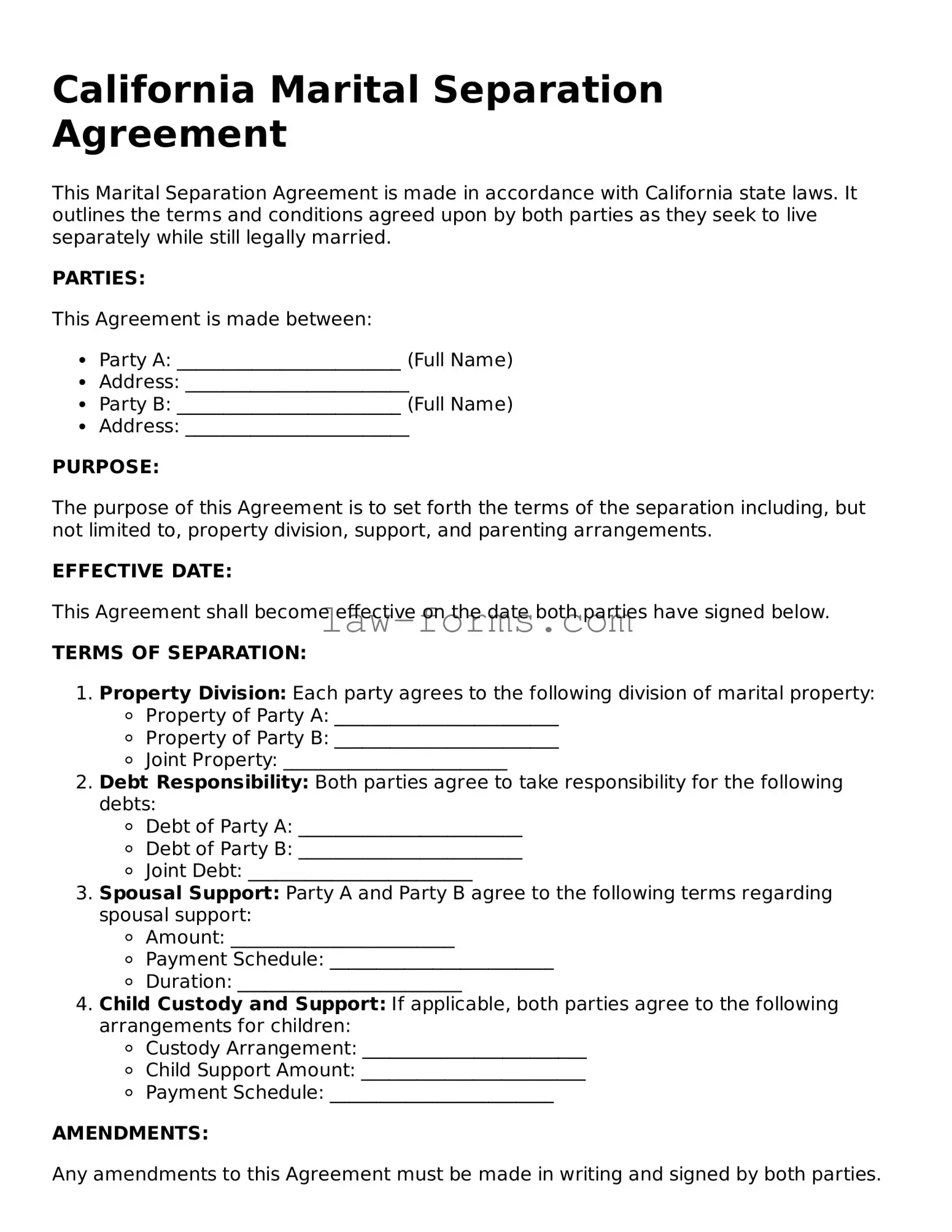 Valid Marital Separation Agreement Form for California State