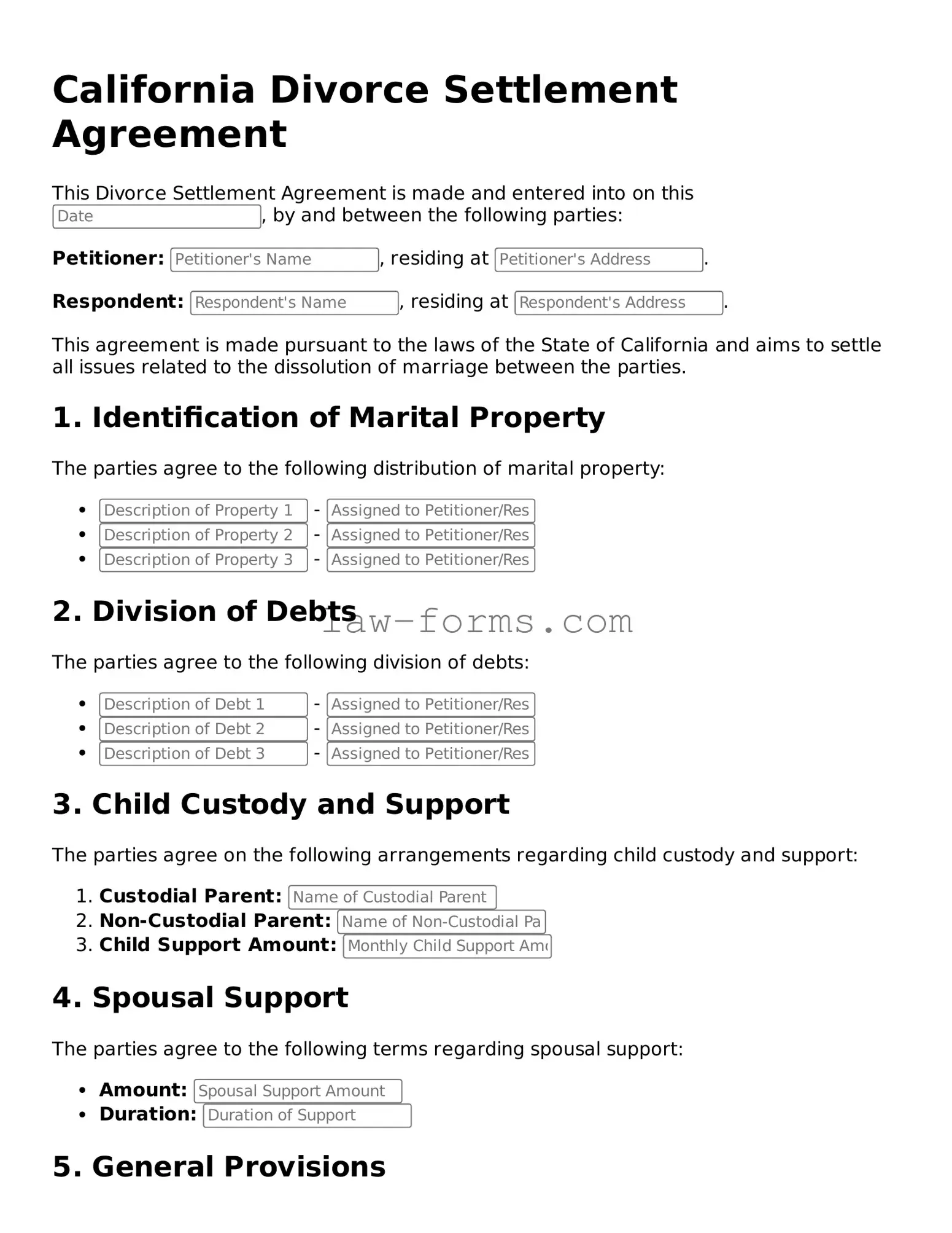 Valid Divorce Settlement Agreement Form for California State