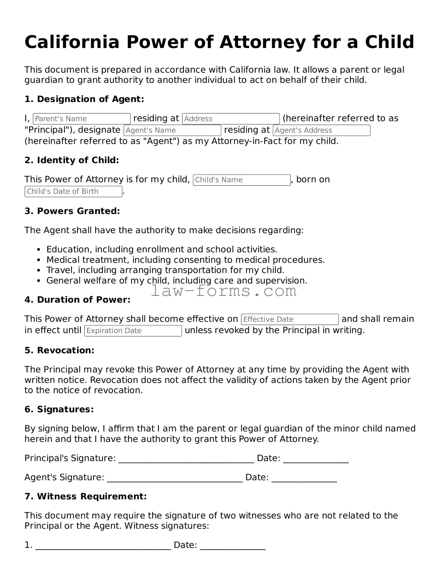 Valid Power of Attorney for a Child Form for California State