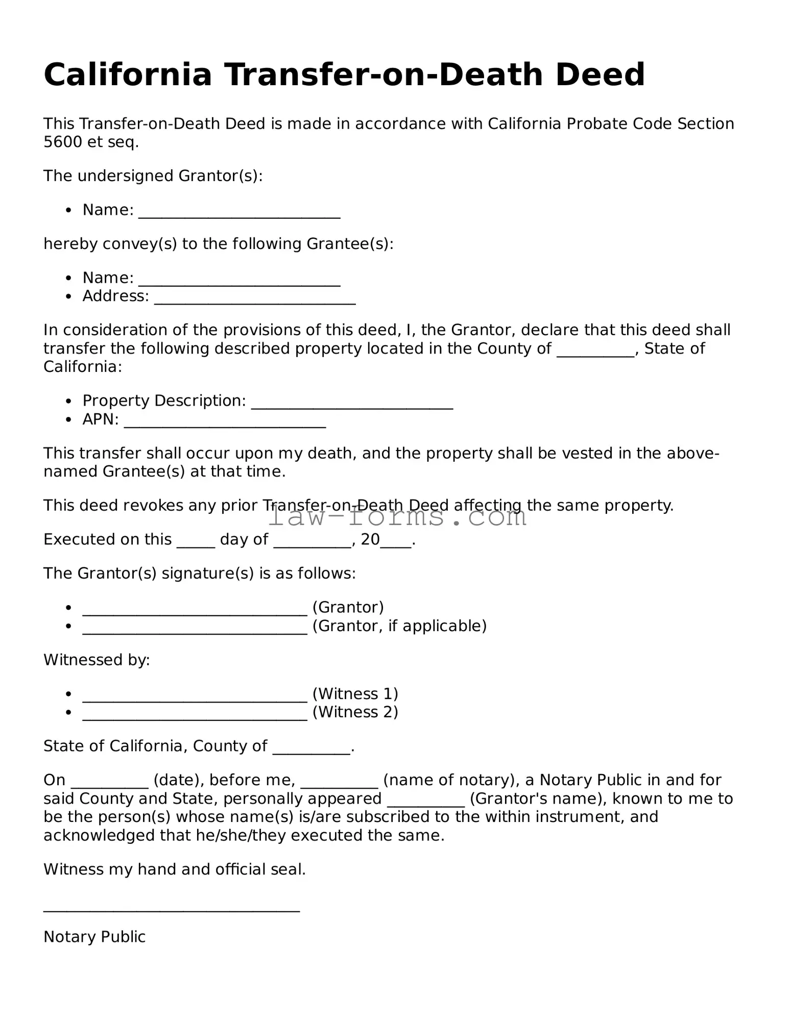 Valid Transfer-on-Death Deed Form for California State