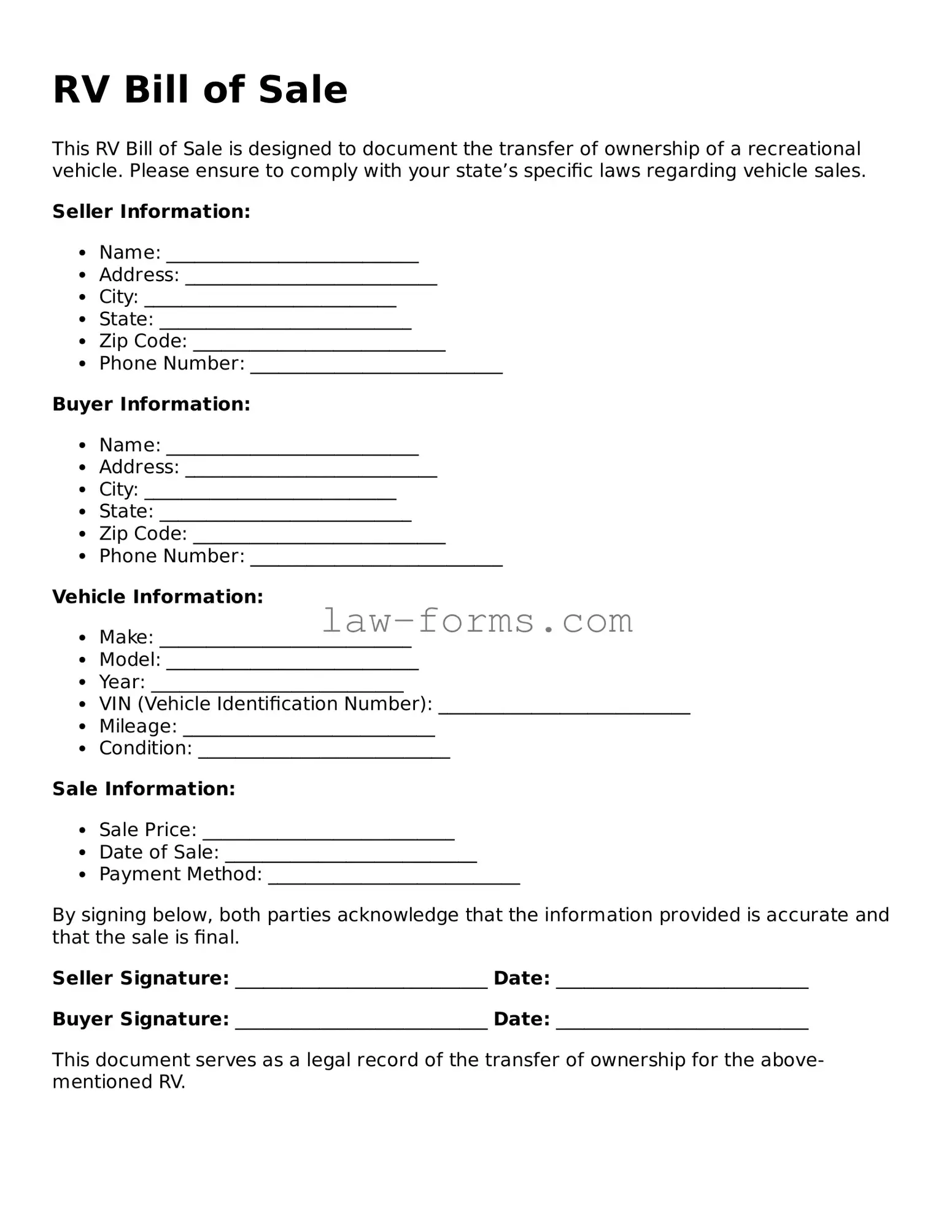 Valid RV Bill of Sale Template