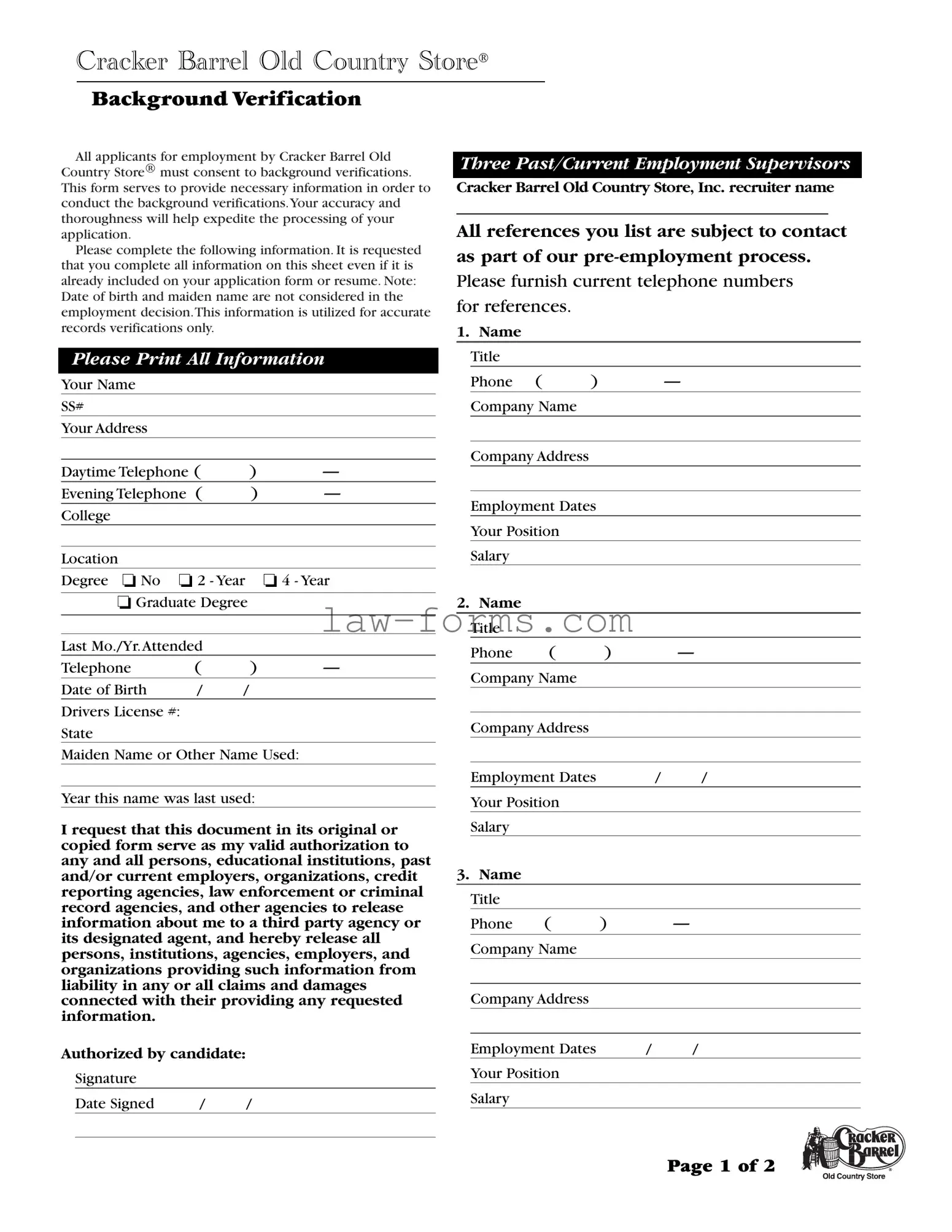 Cracker Barrel Background Check PDF Template