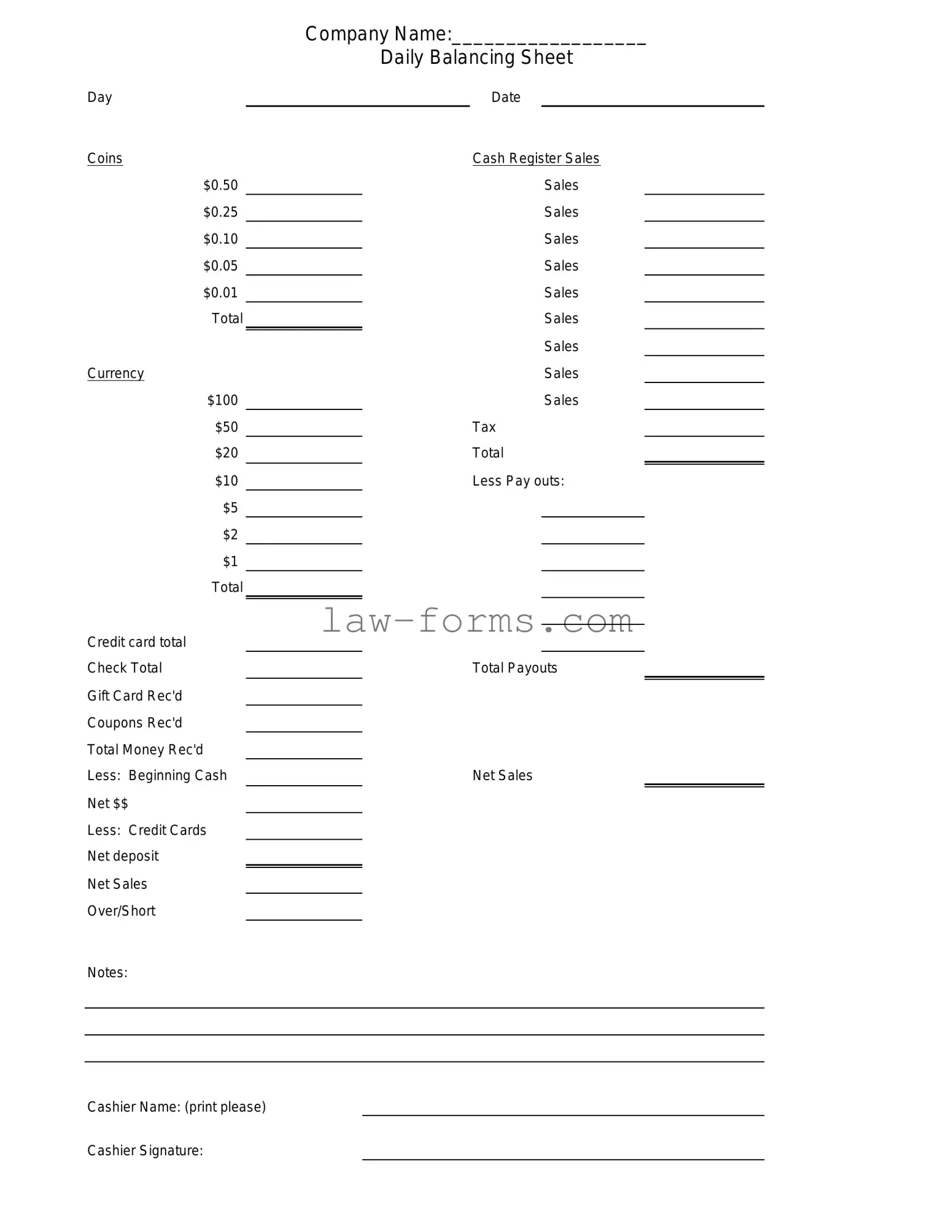 Cash Drawer Count Sheet PDF Template