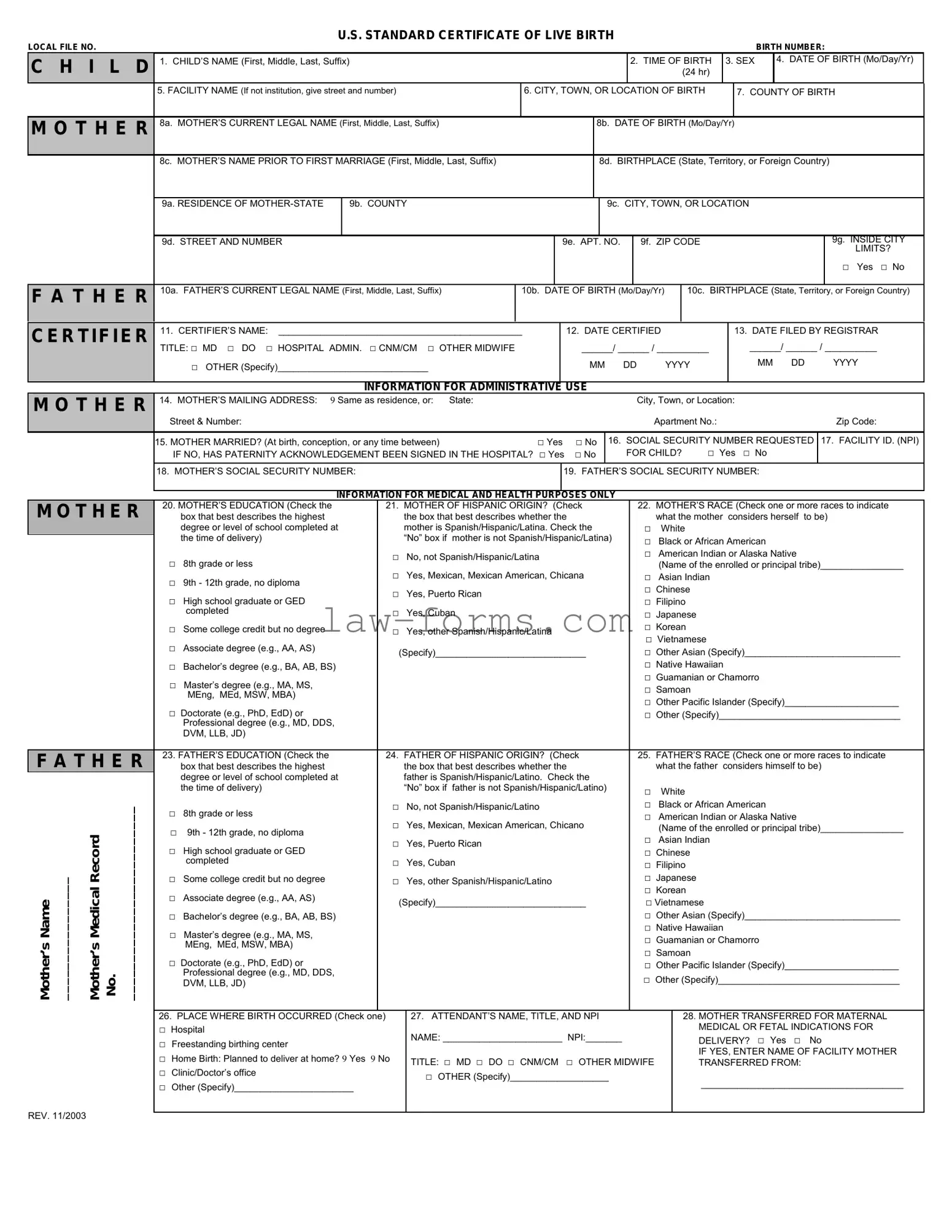 CDC U.S. Standard Certificate of Live Birth PDF Template