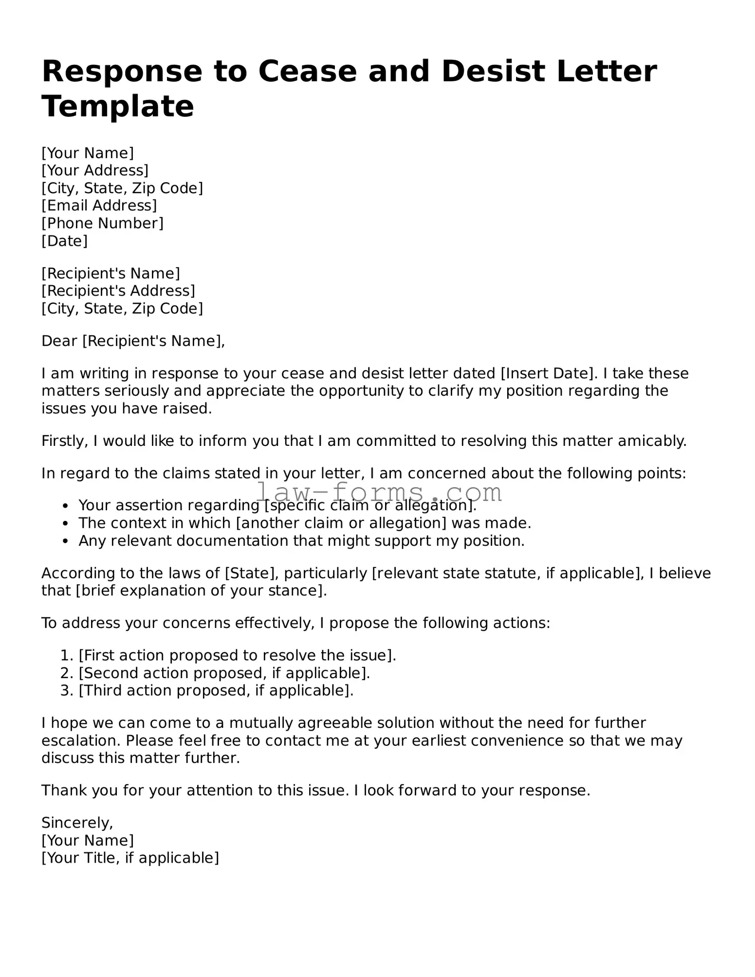 Valid Response to a Cease and Desist Letter Template