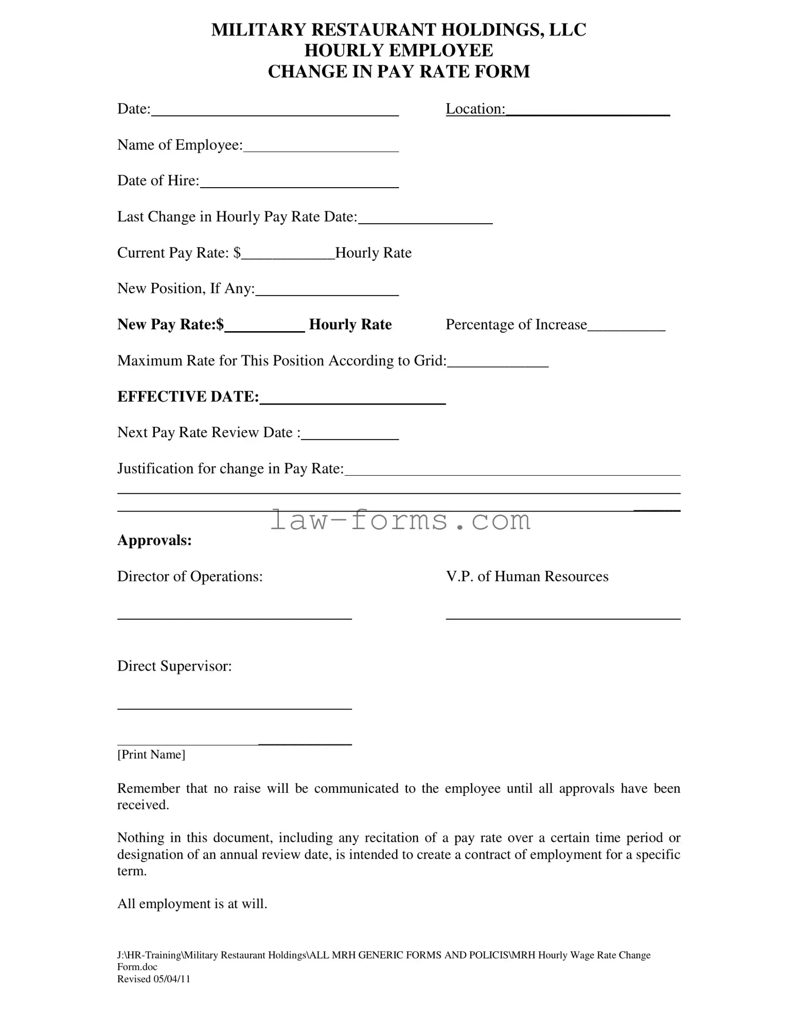 Change Pay Rate PDF Template