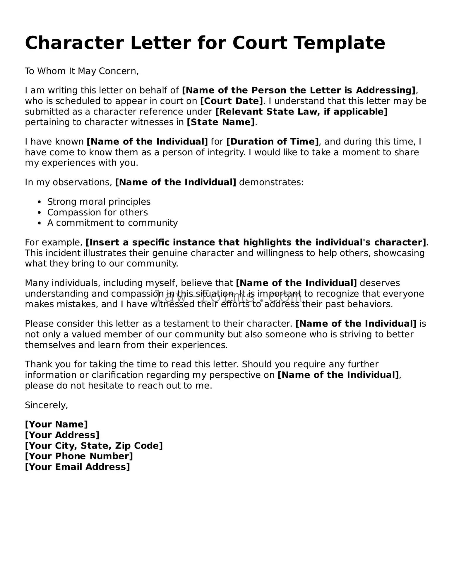 Valid Character Letter for Court Template