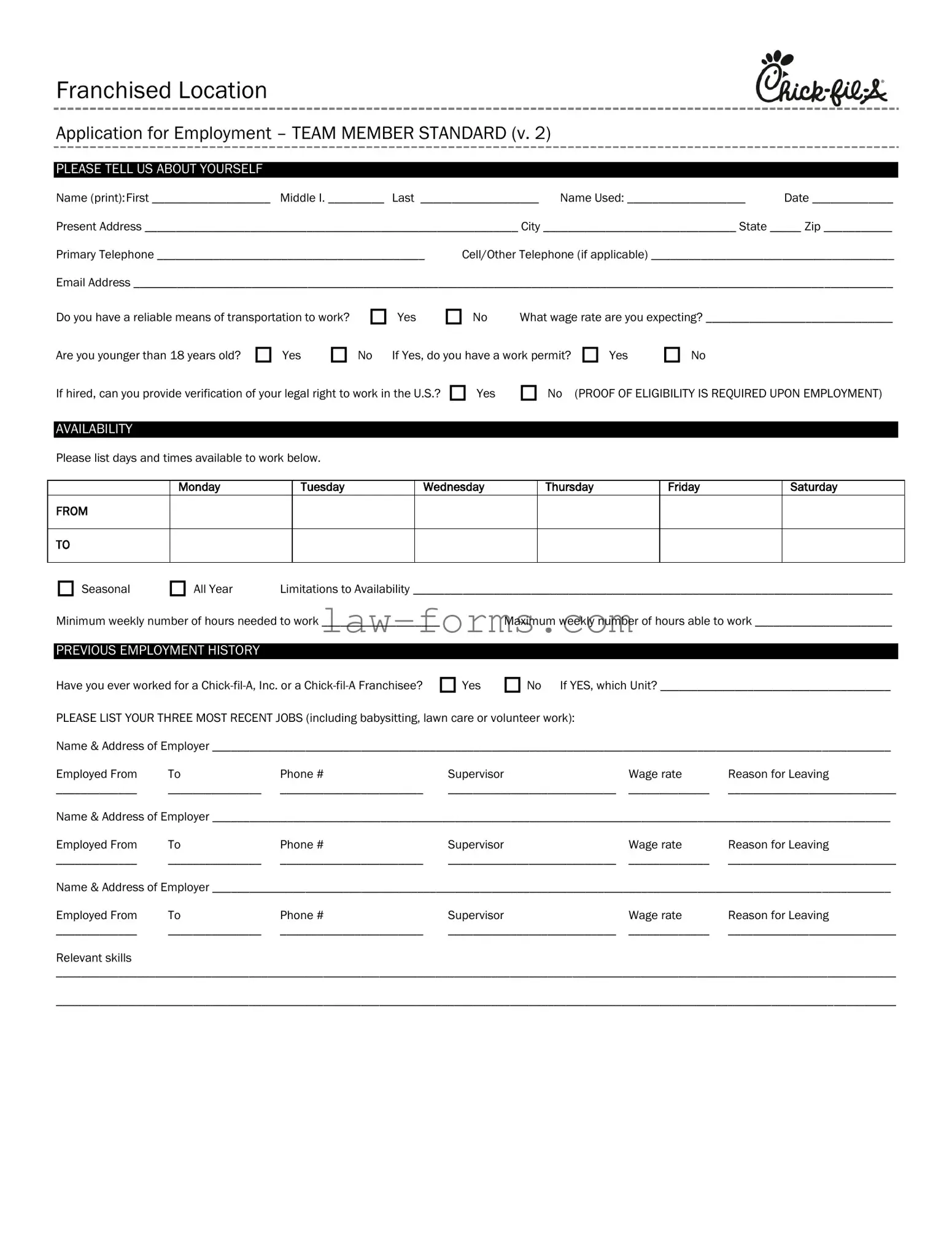 Chick Fil A Job Application PDF Template