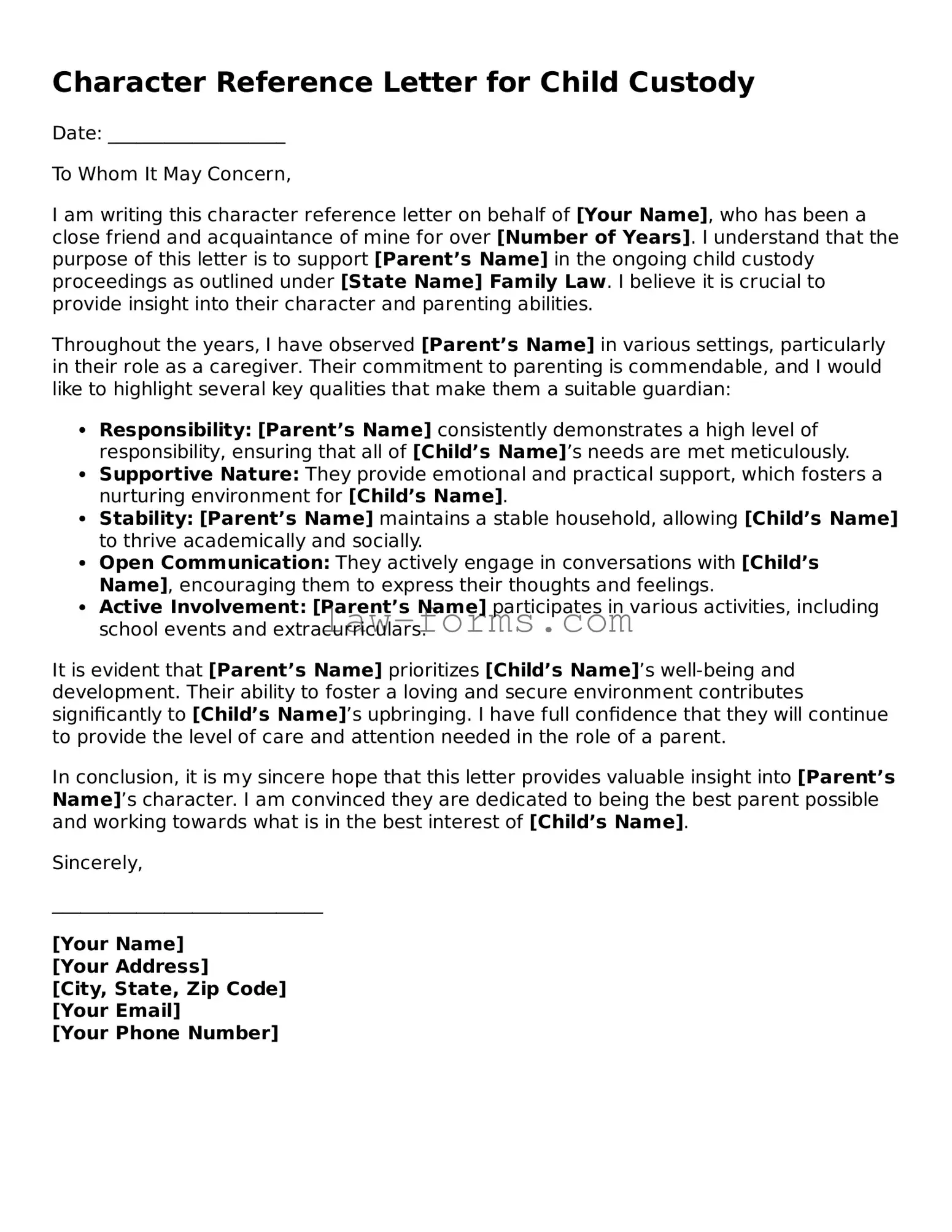 Valid Character Reference Letter for Child Custody Template