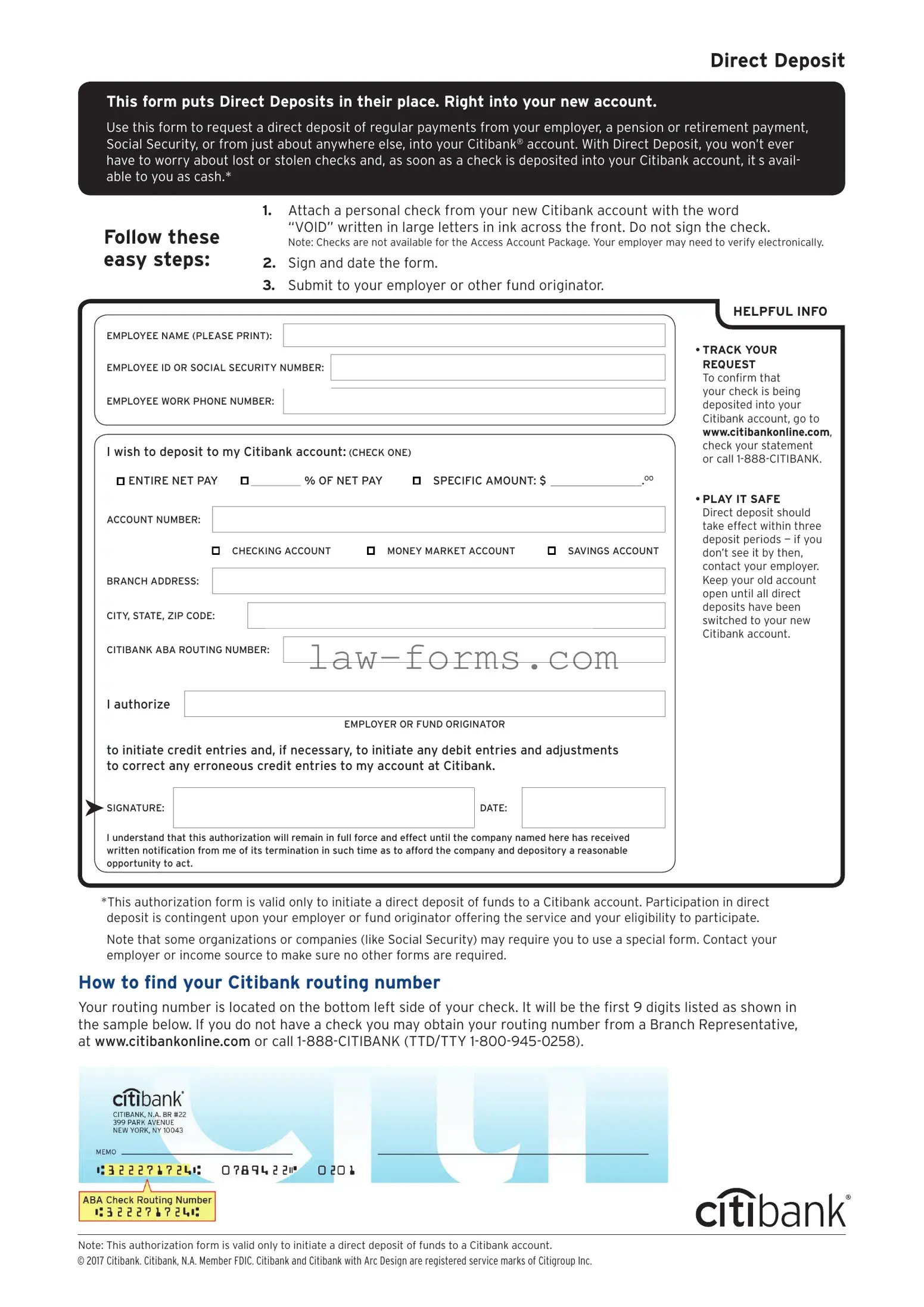Citibank Direct Deposit PDF Template