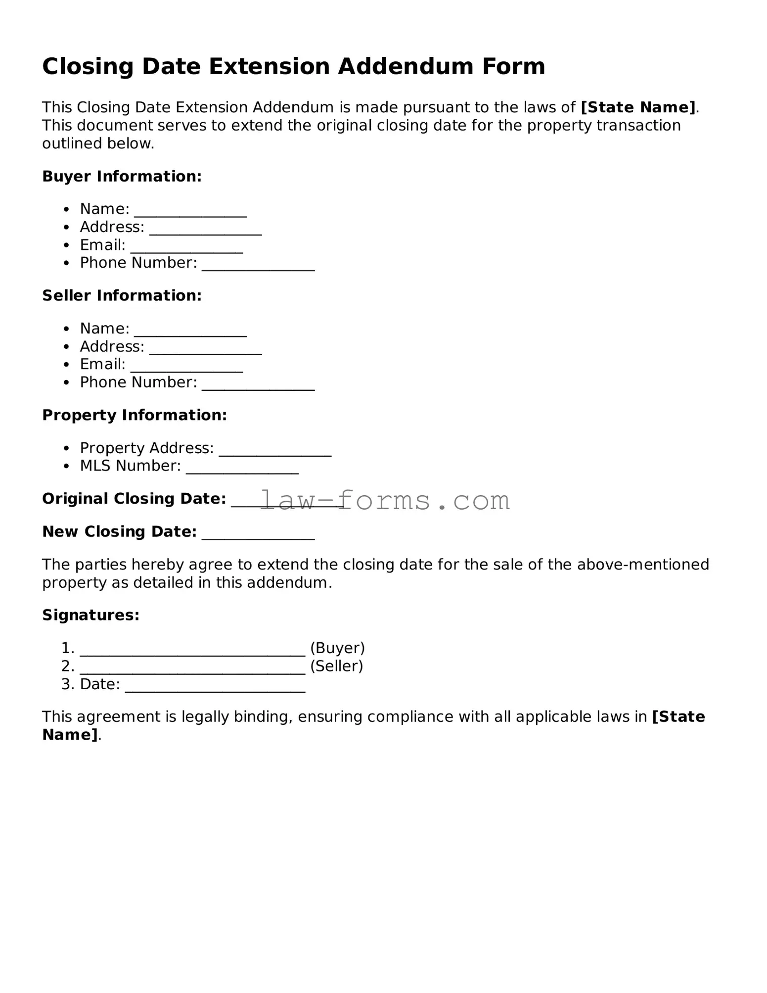 Valid Closing Date Extension Addendum Form Template