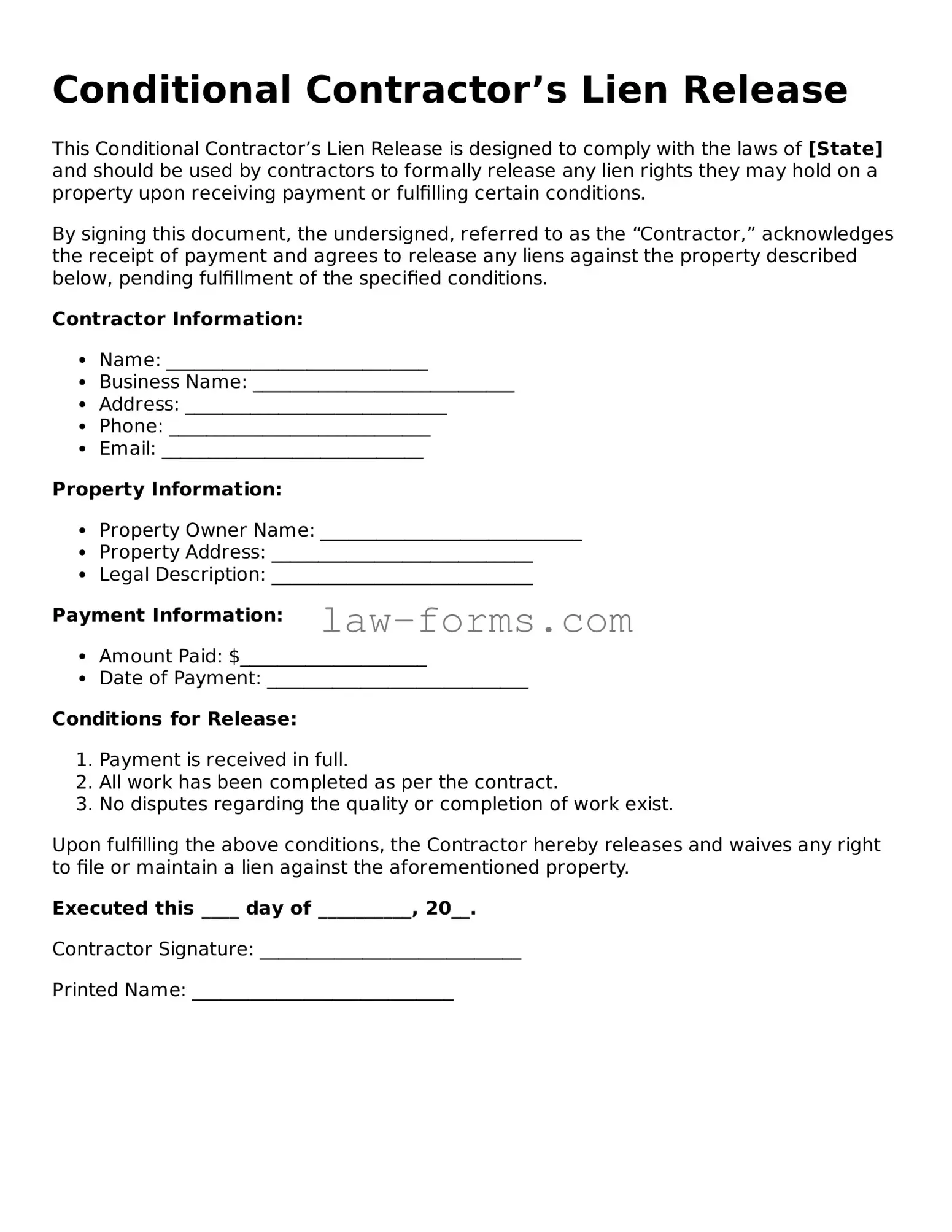 Valid Conditional Contractor’s Lien Release Template