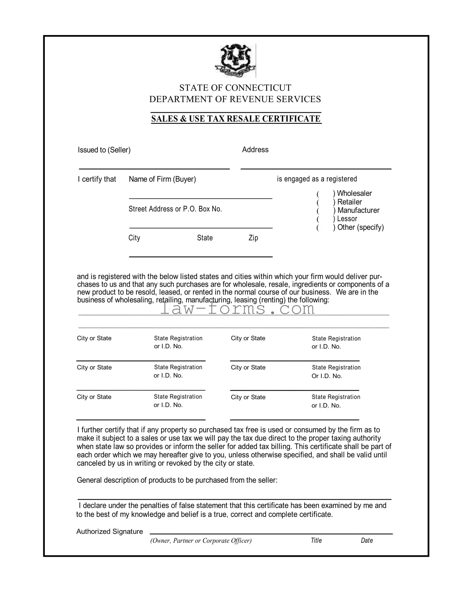 Ct Resale Certificate PDF Template