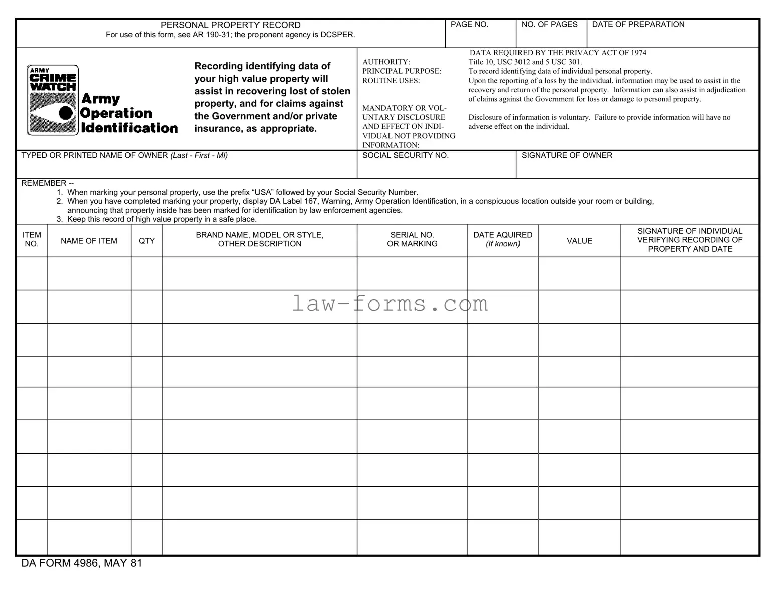 Da 4986 PDF Template