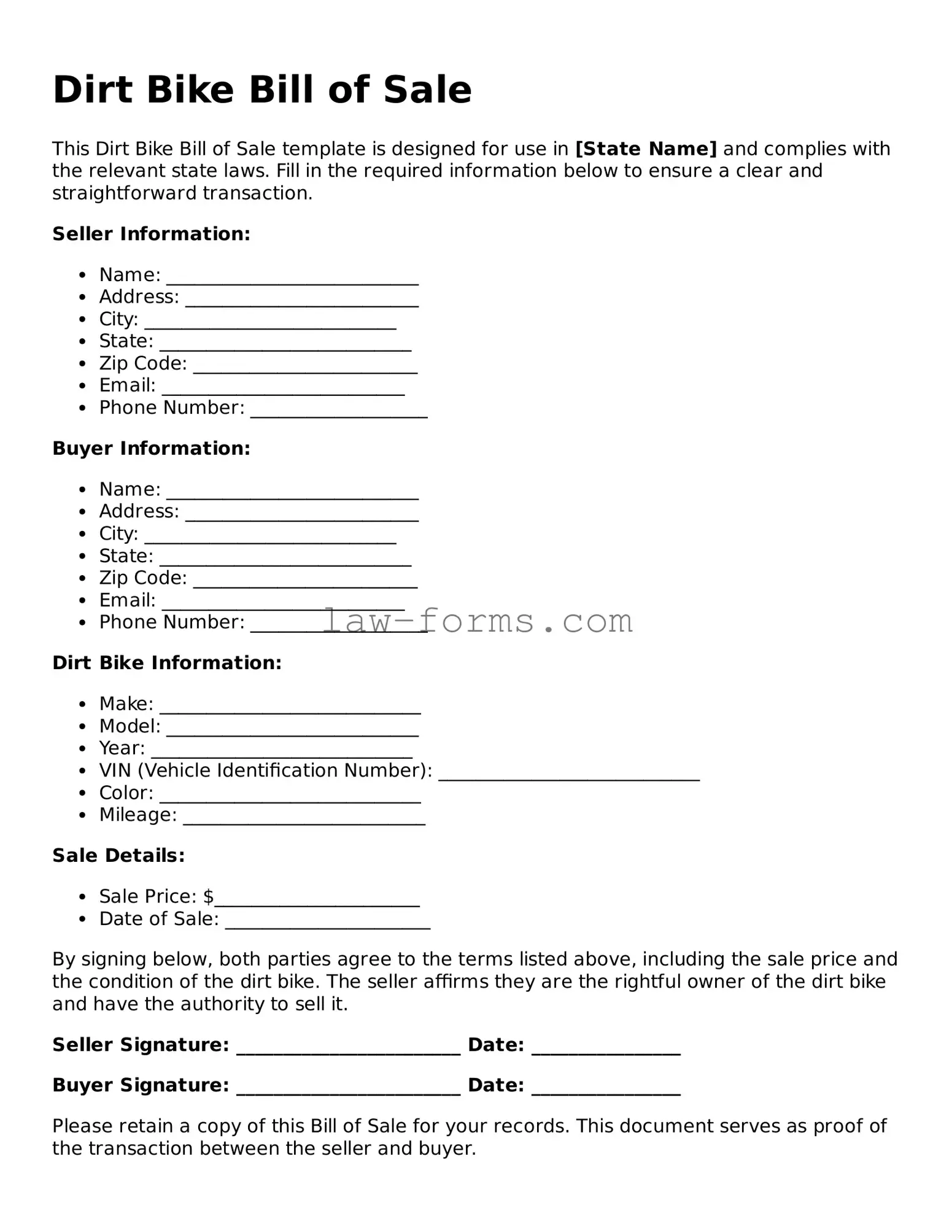 Valid Dirt Bike Bill of Sale Template