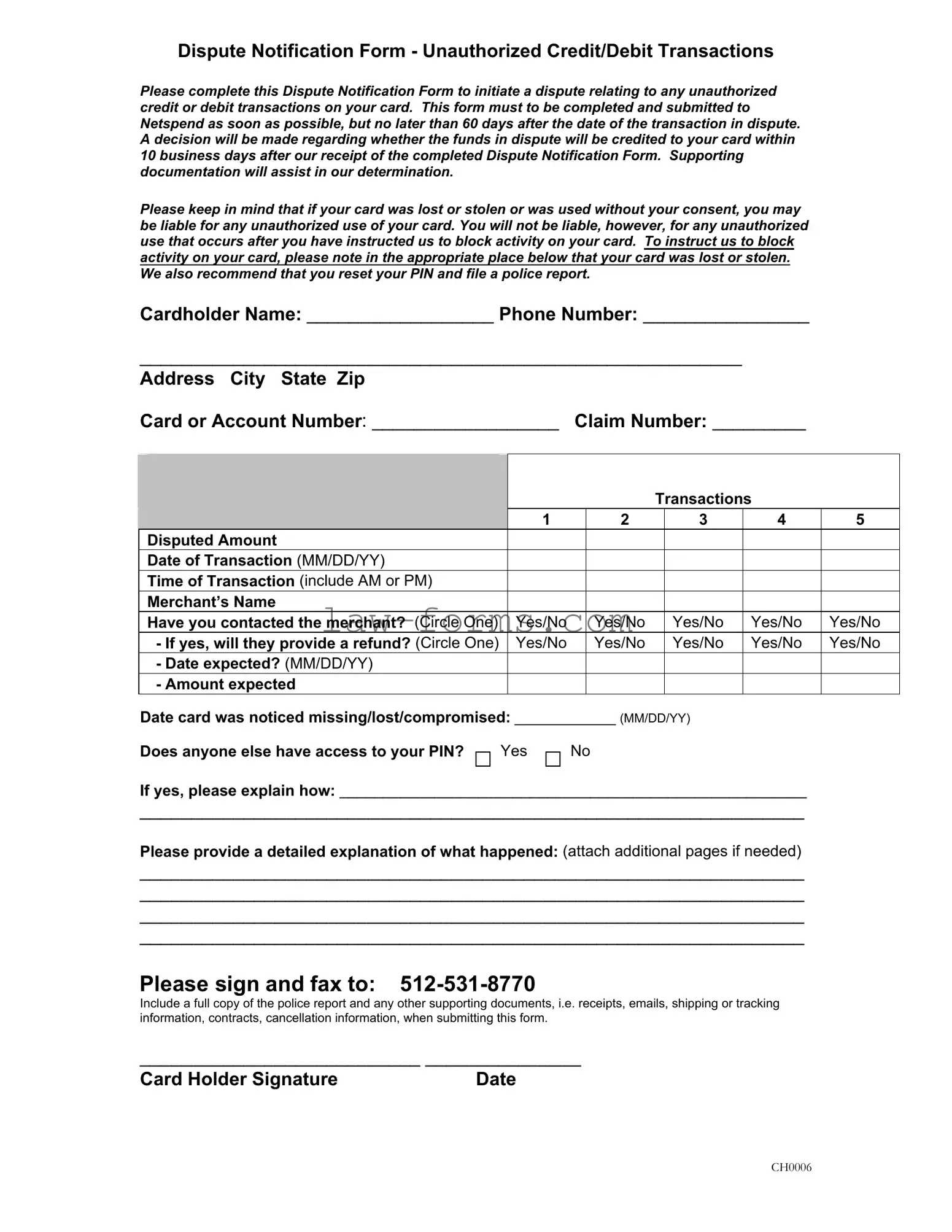 Netspend Dispute PDF Template