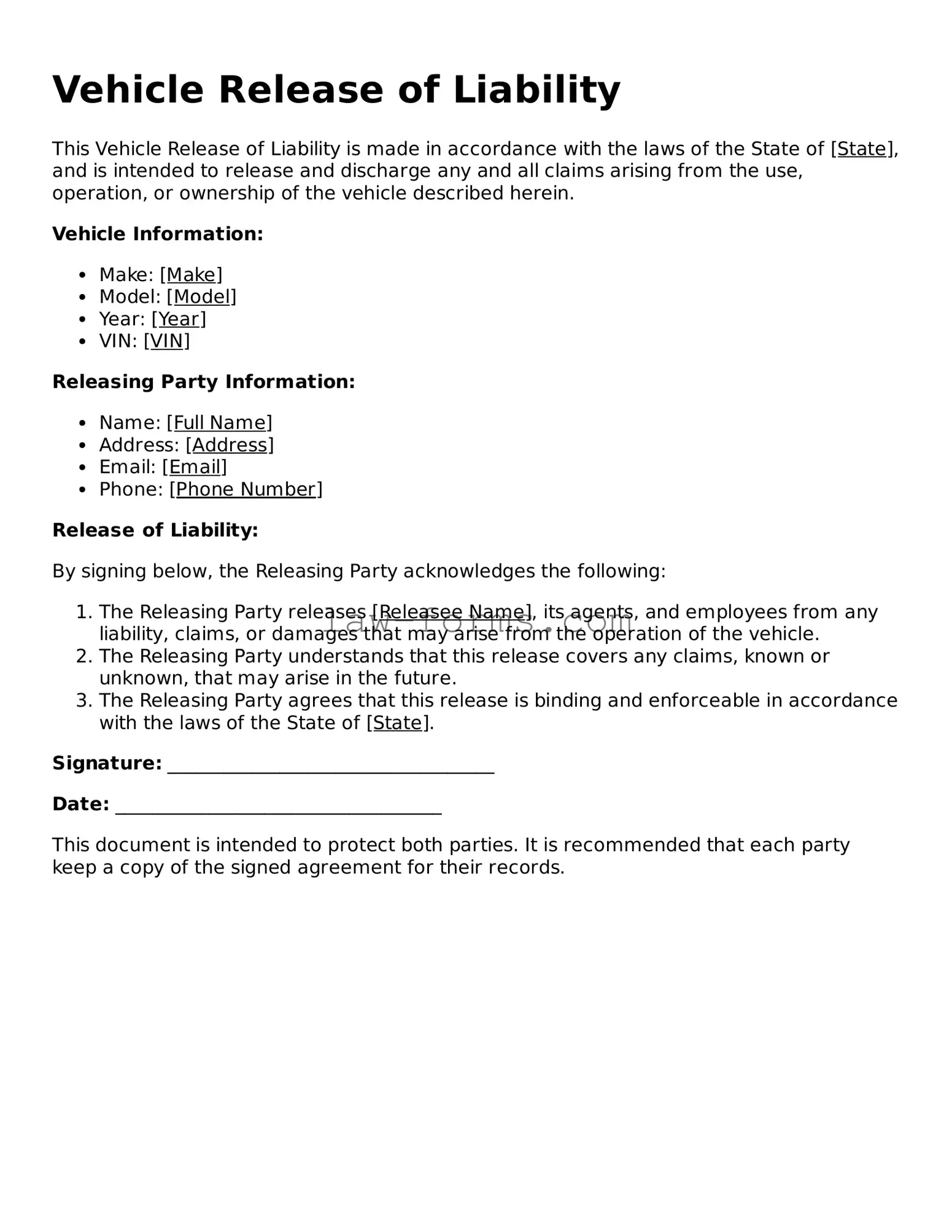 Valid Vehicle Release of Liability Template