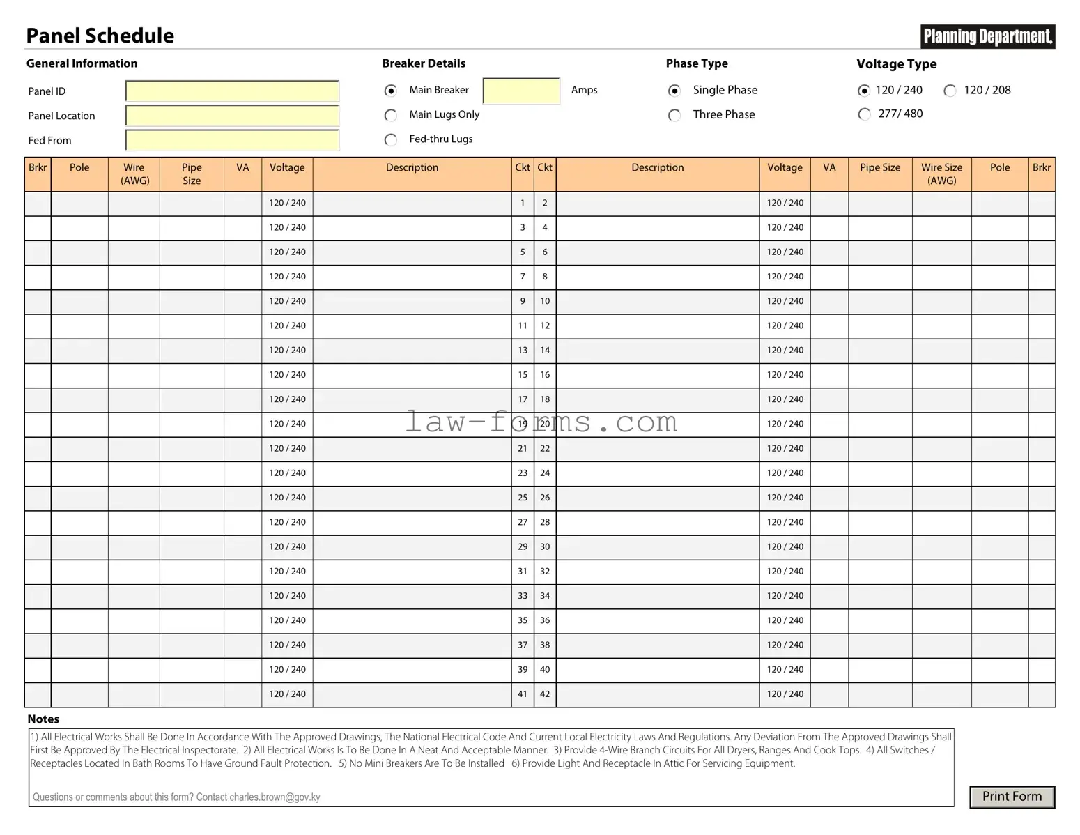 Electrical Panel Schedule PDF Template