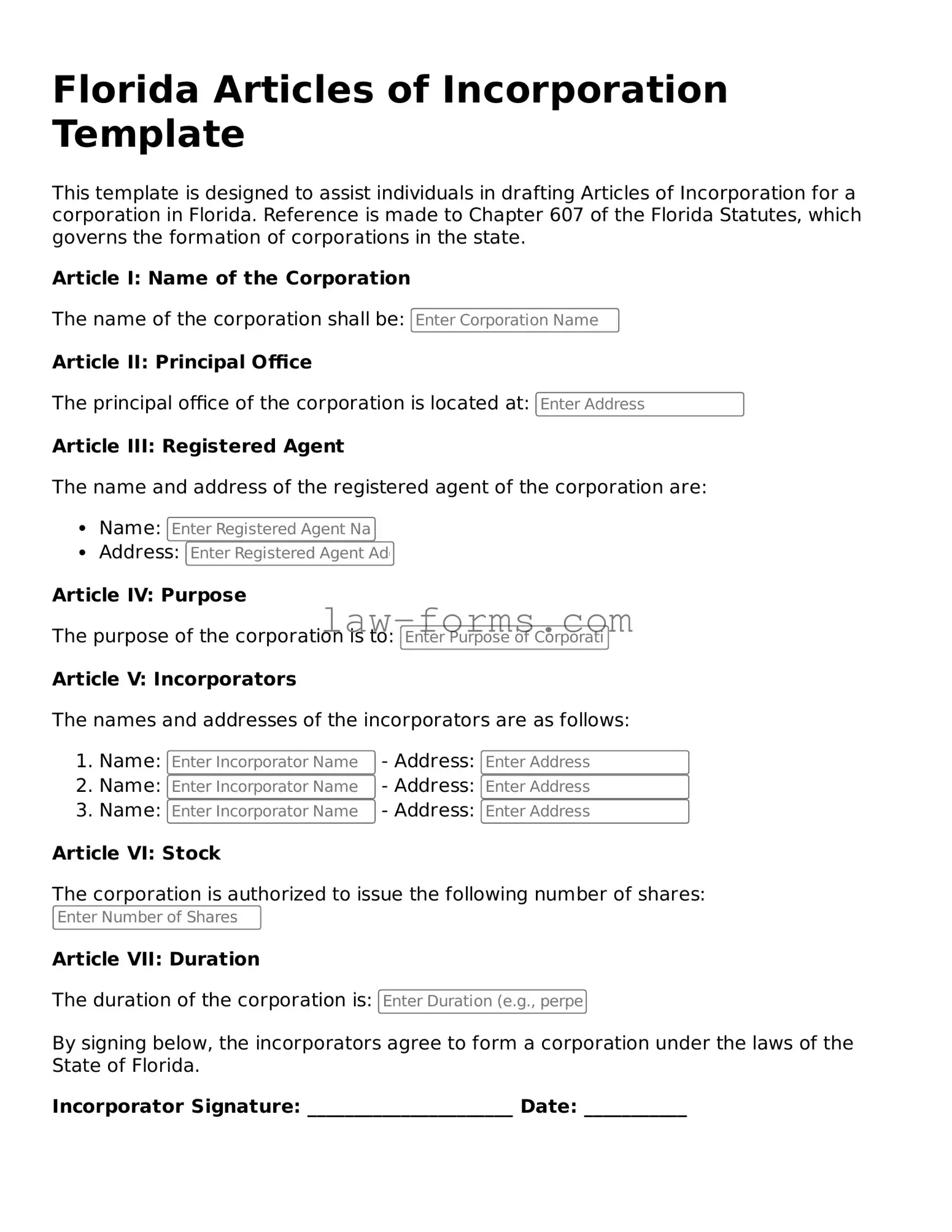Valid Articles of Incorporation Form for Florida State
