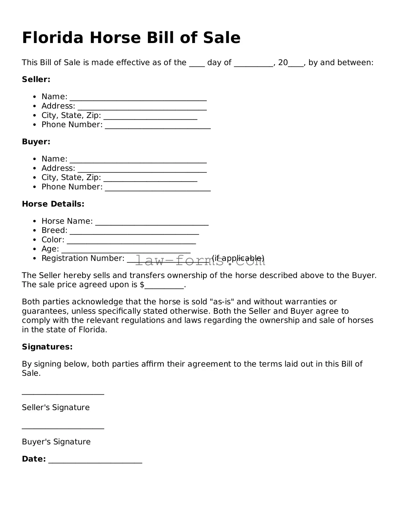 Valid Horse Bill of Sale Form for Florida State