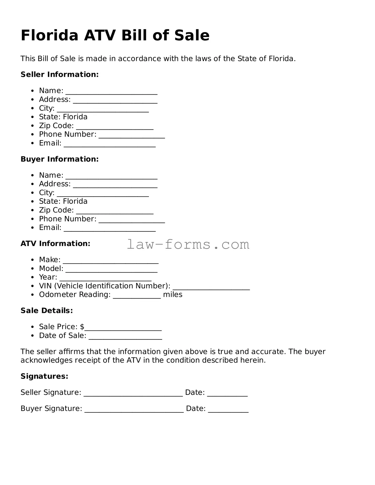 Valid ATV Bill of Sale Form for Florida State