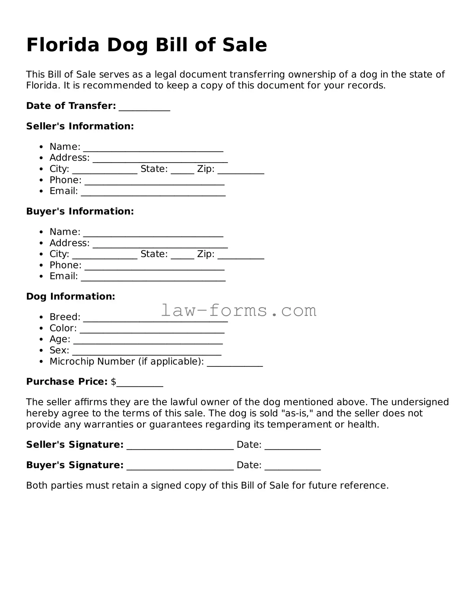 Valid Dog Bill of Sale Form for Florida State