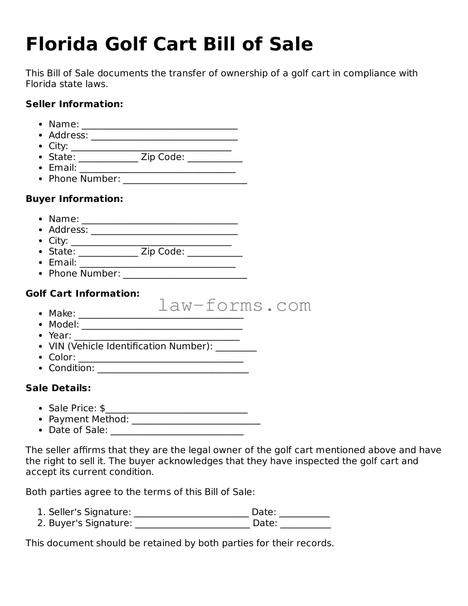 Valid Golf Cart Bill of Sale Form for Florida State
