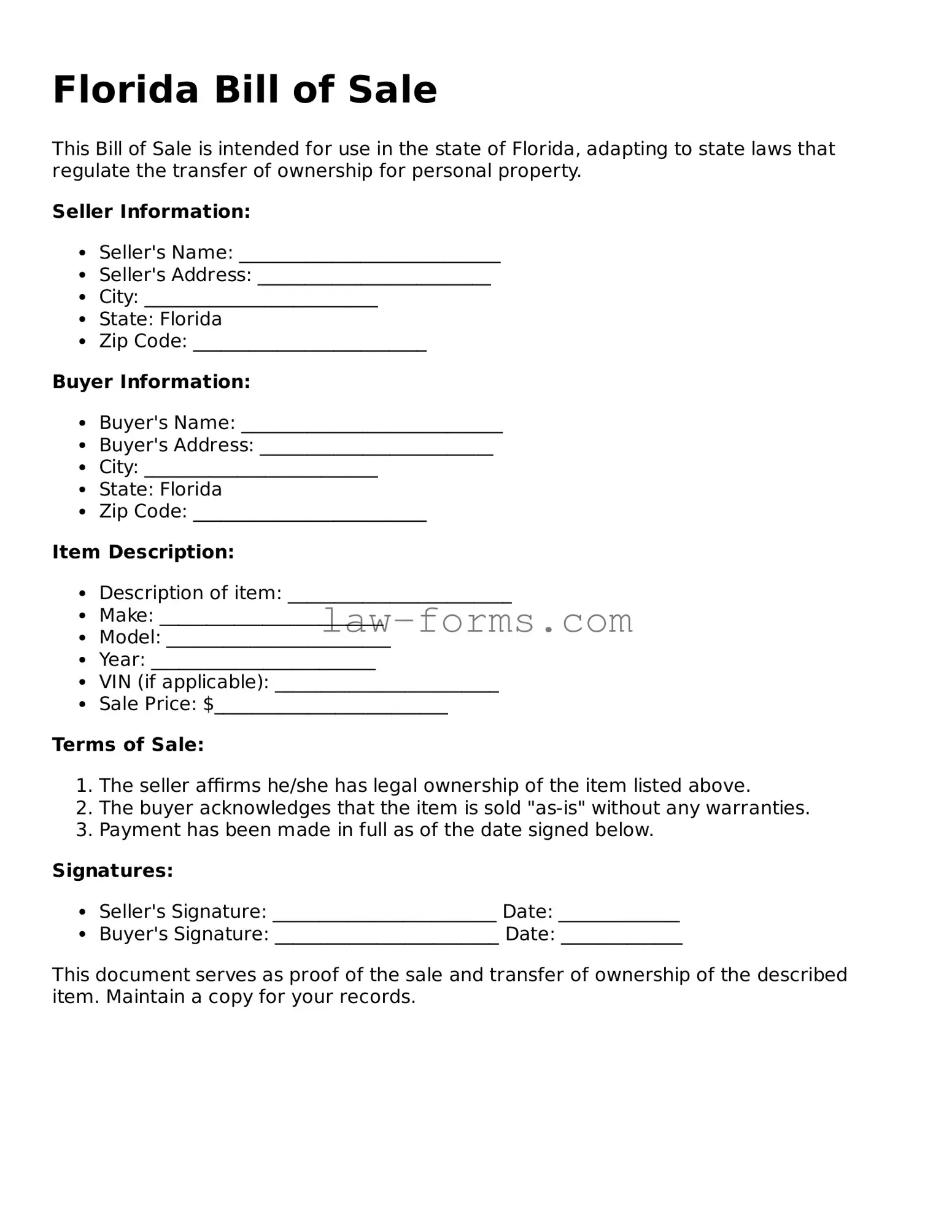 Valid Bill of Sale Form for Florida State