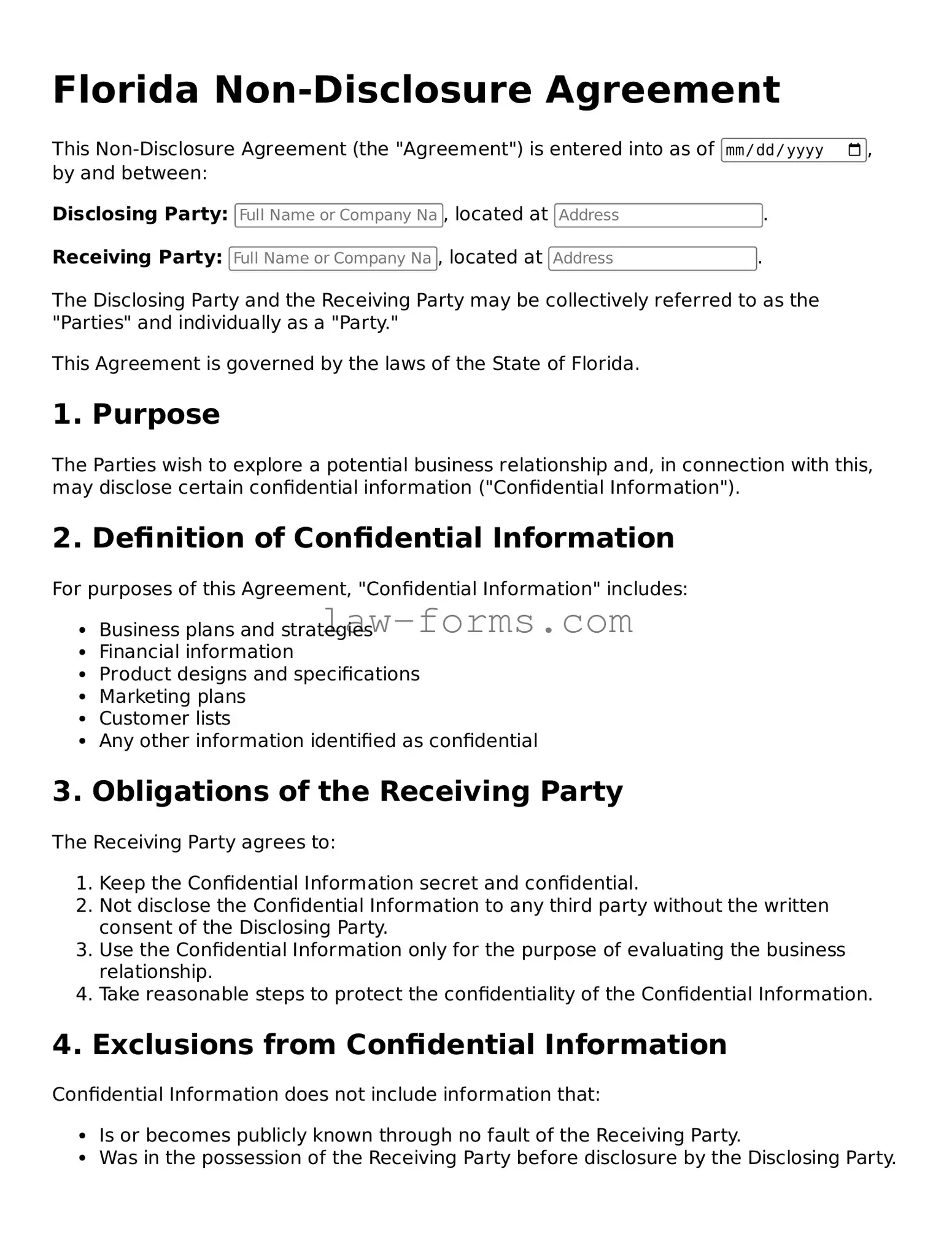 Valid Non-disclosure Agreement Form for Florida State