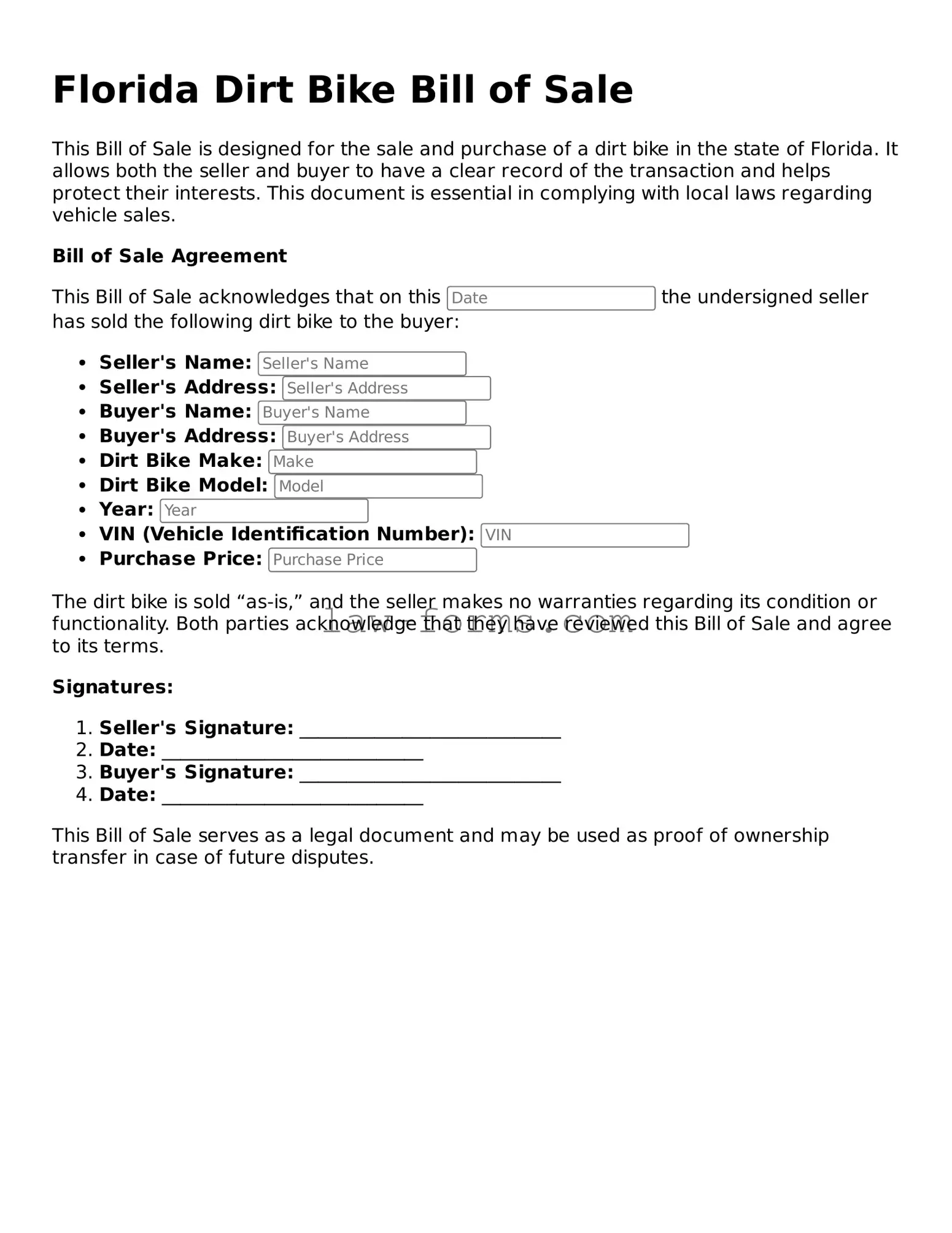 Valid Dirt Bike Bill of Sale Form for Florida State