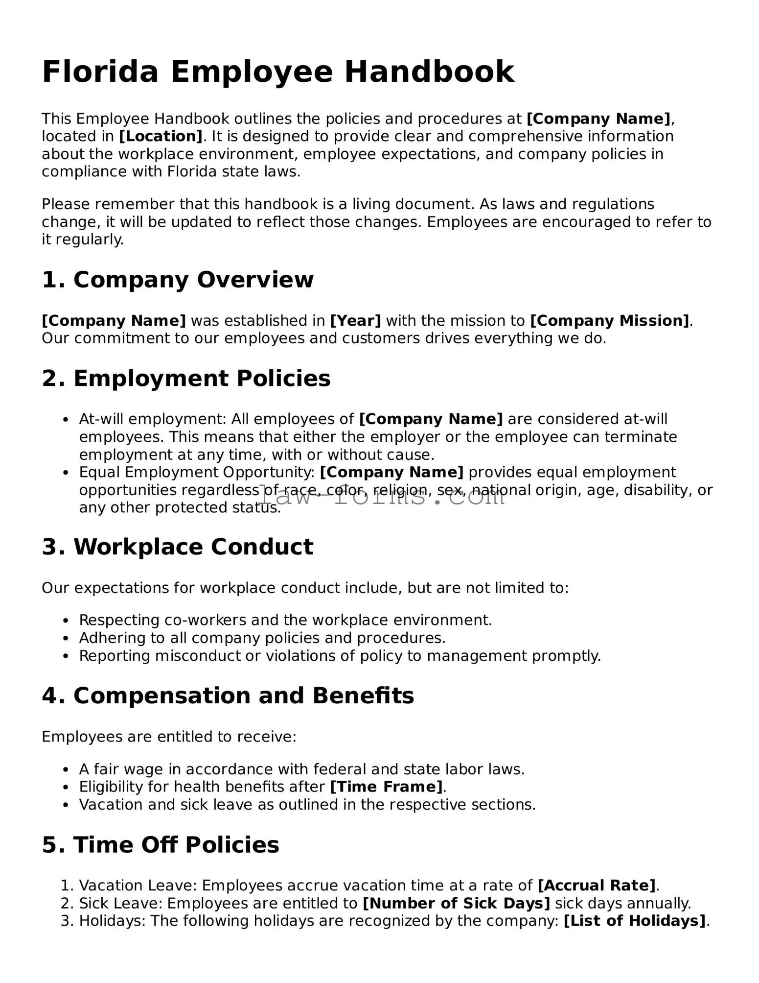 Valid Employee Handbook Form for Florida State