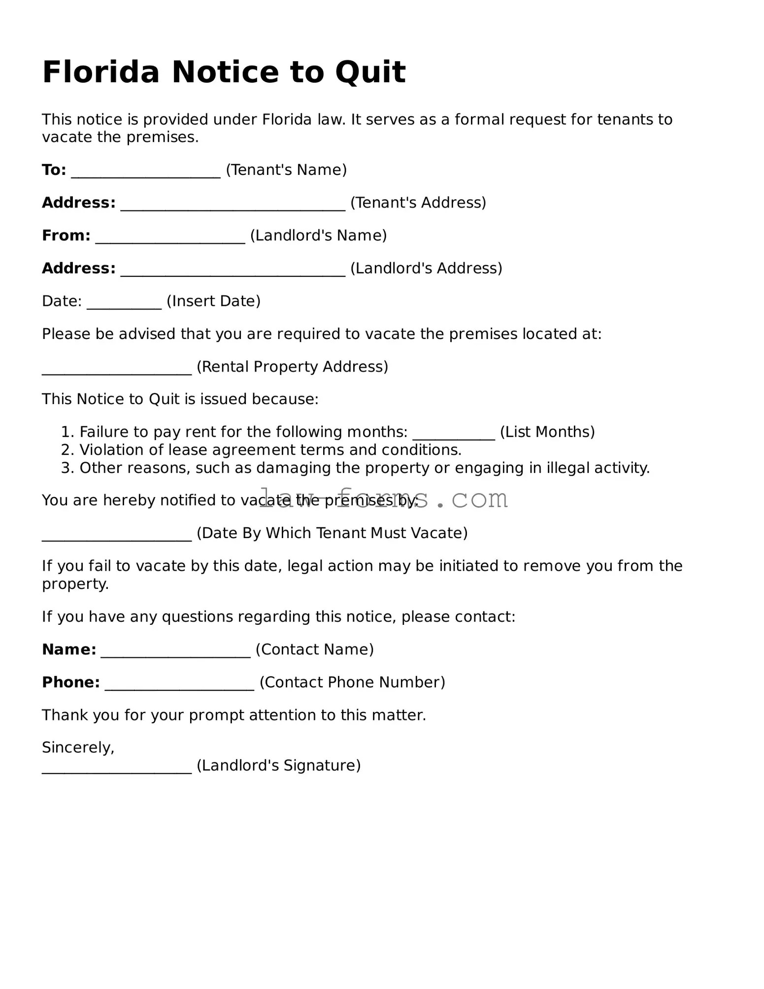 Valid Notice to Quit Form for Florida State