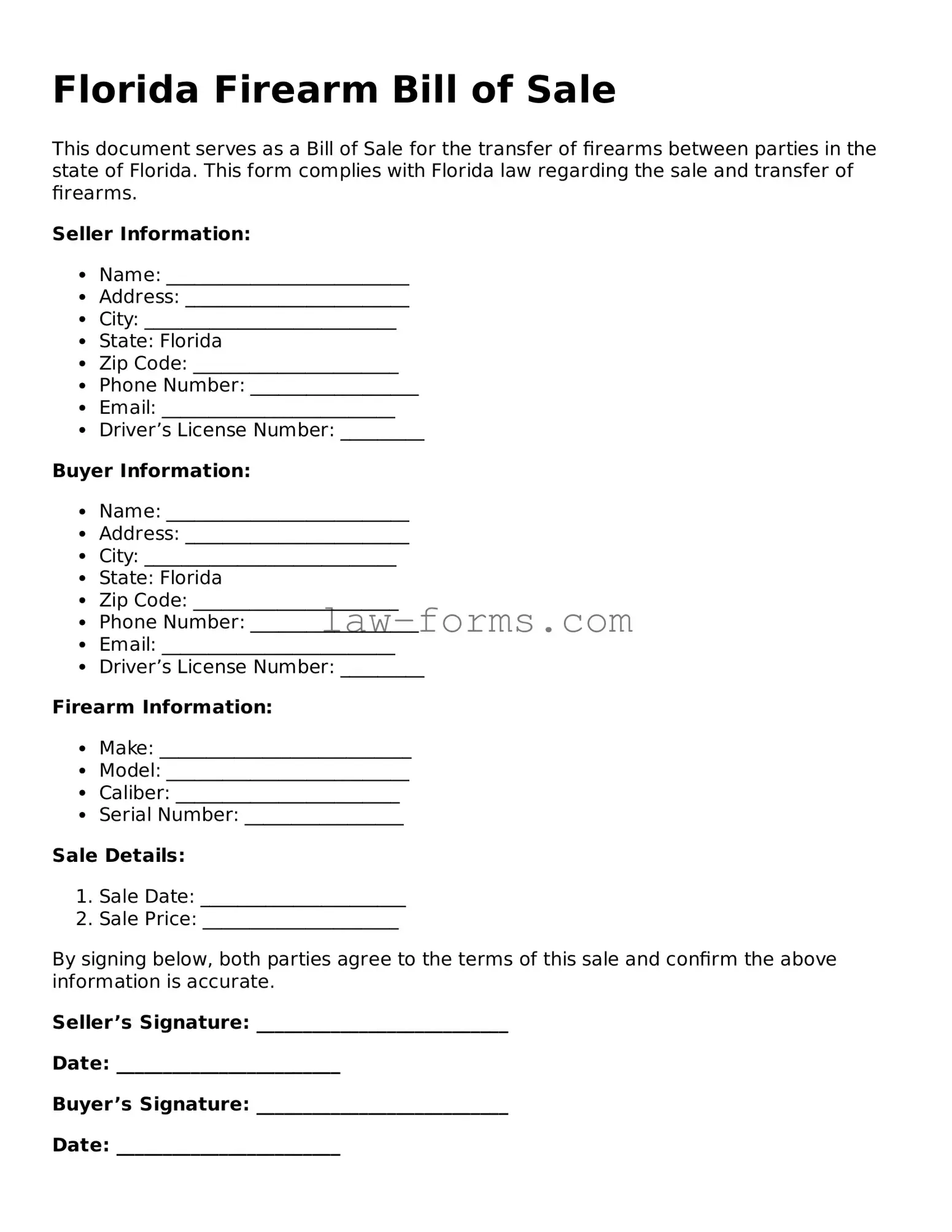 Valid Firearm Bill of Sale Form for Florida State