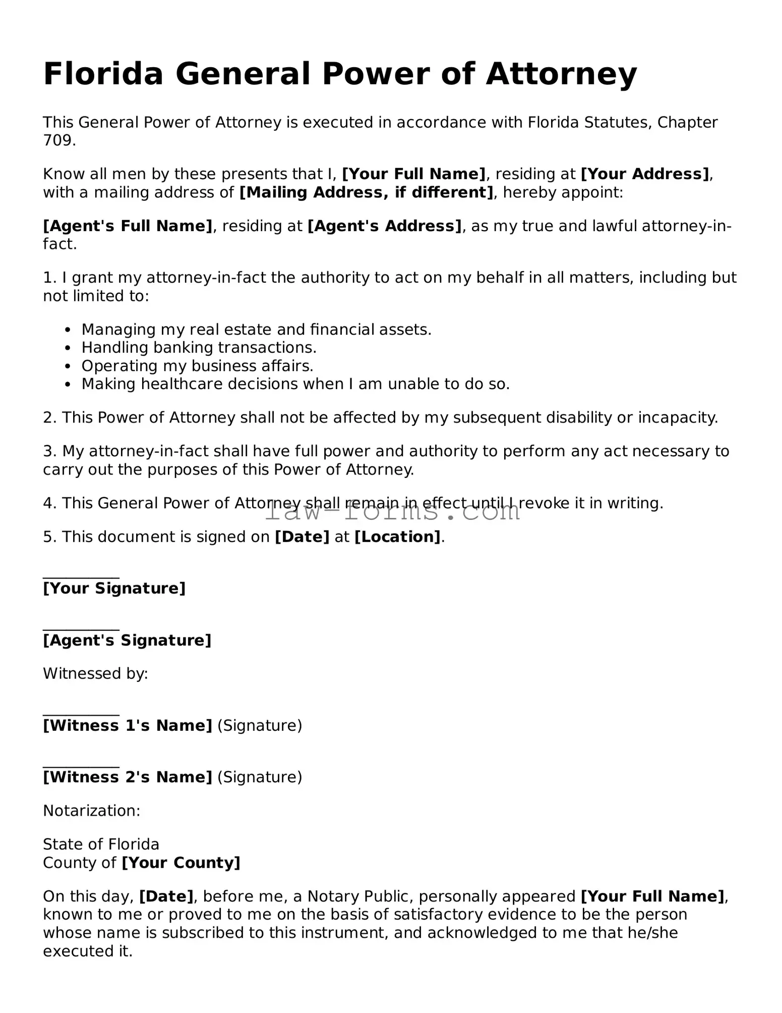 Valid General Power of Attorney Form for Florida State