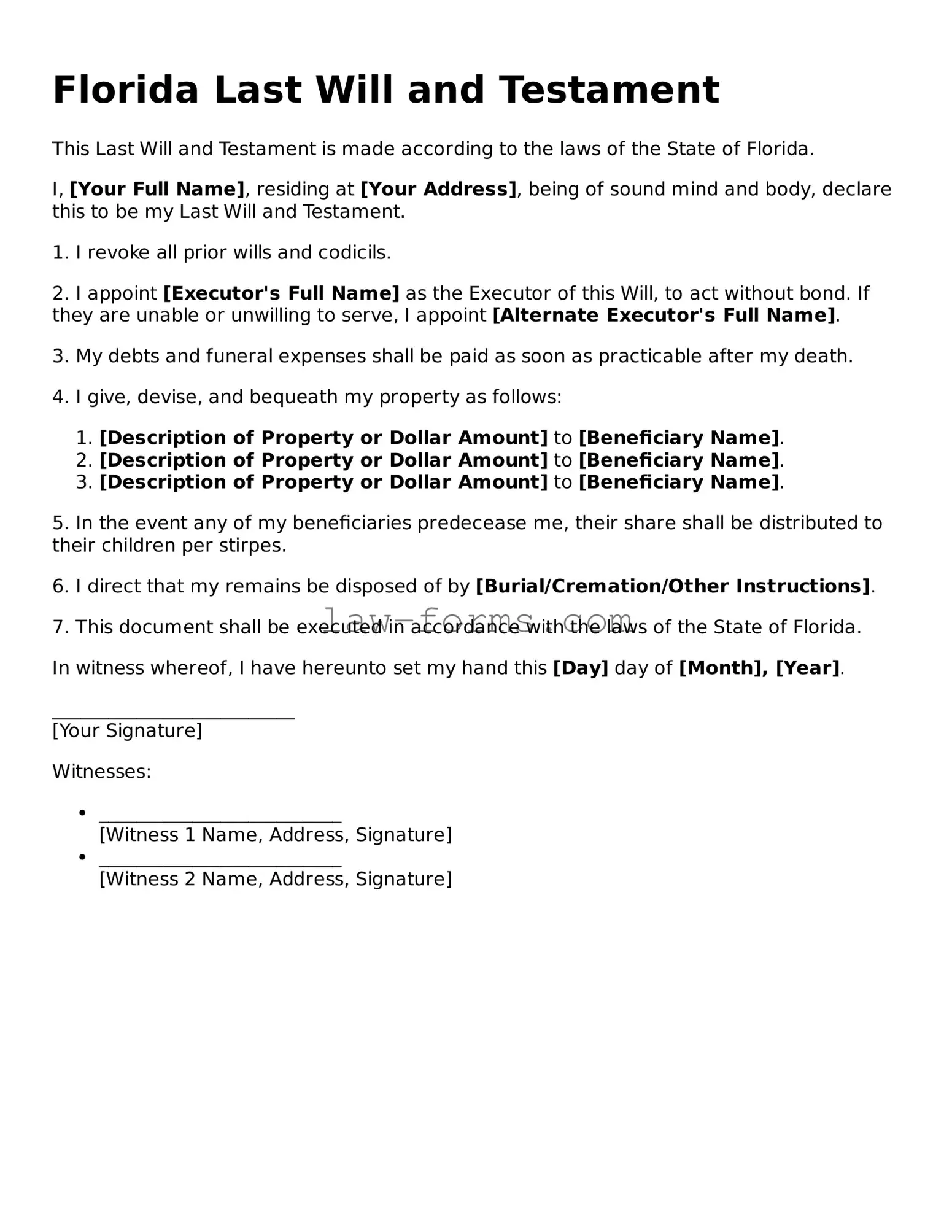 Valid Last Will and Testament Form for Florida State