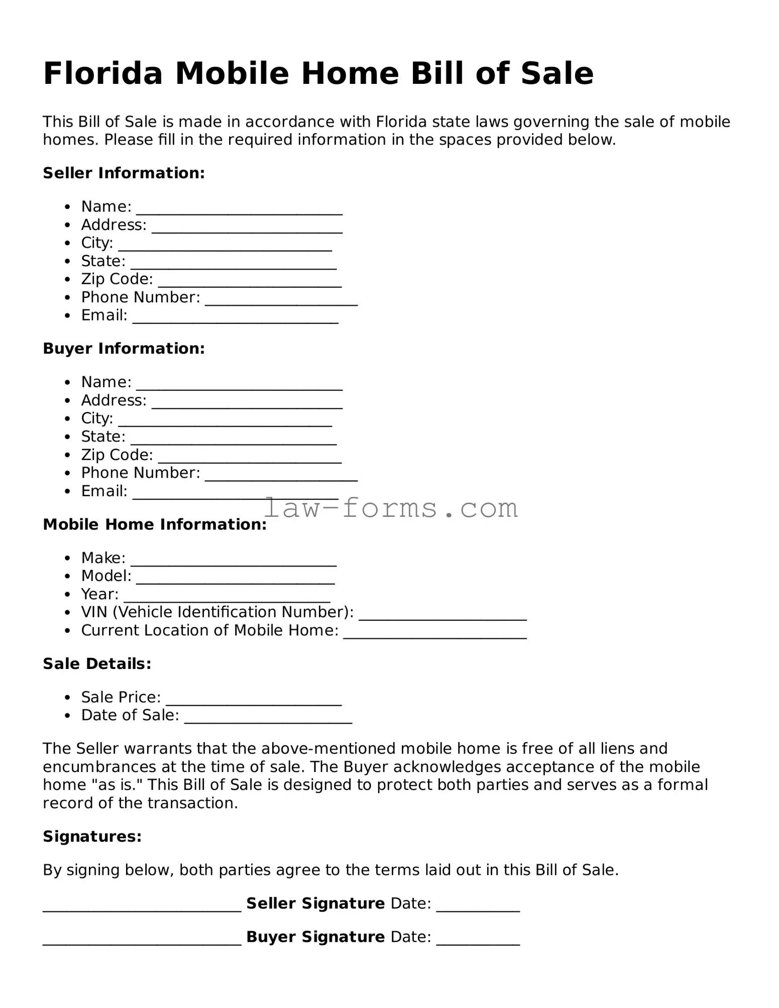 Valid Mobile Home Bill of Sale Form for Florida State