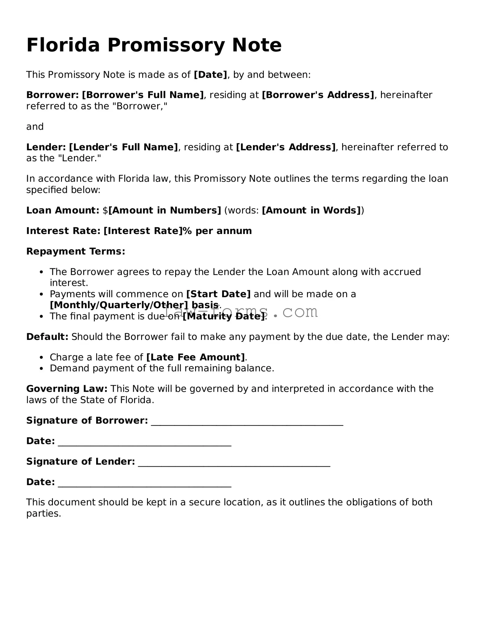 Valid Promissory Note Form for Florida State
