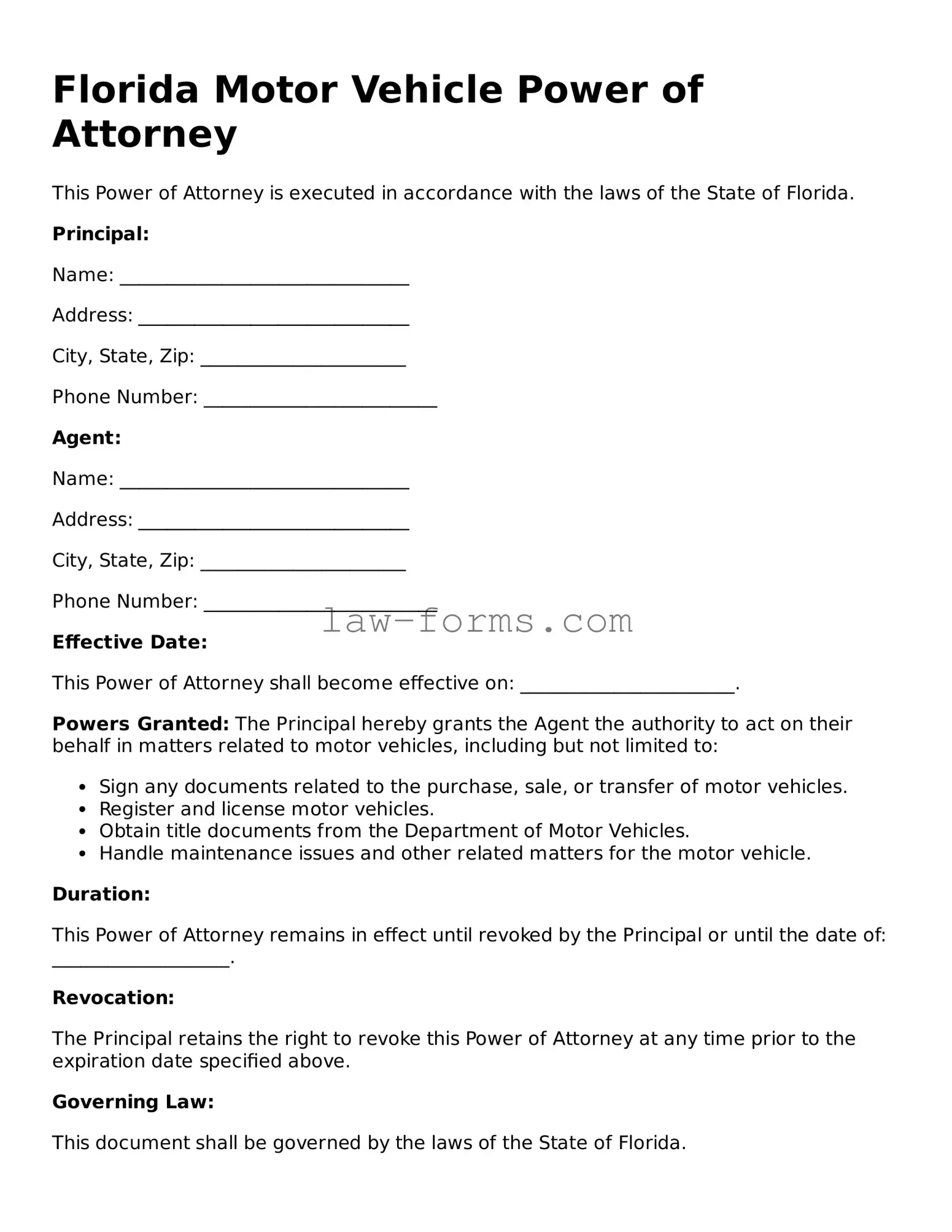 Valid Motor Vehicle Power of Attorney Form for Florida State