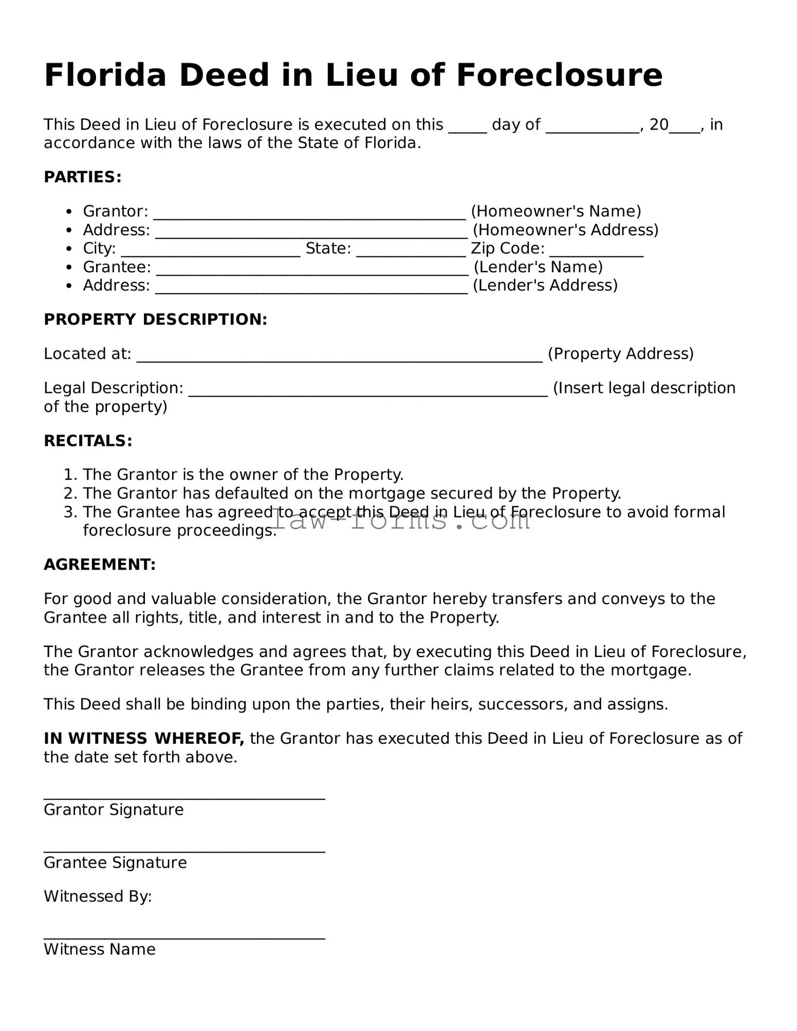 Valid Deed in Lieu of Foreclosure Form for Florida State