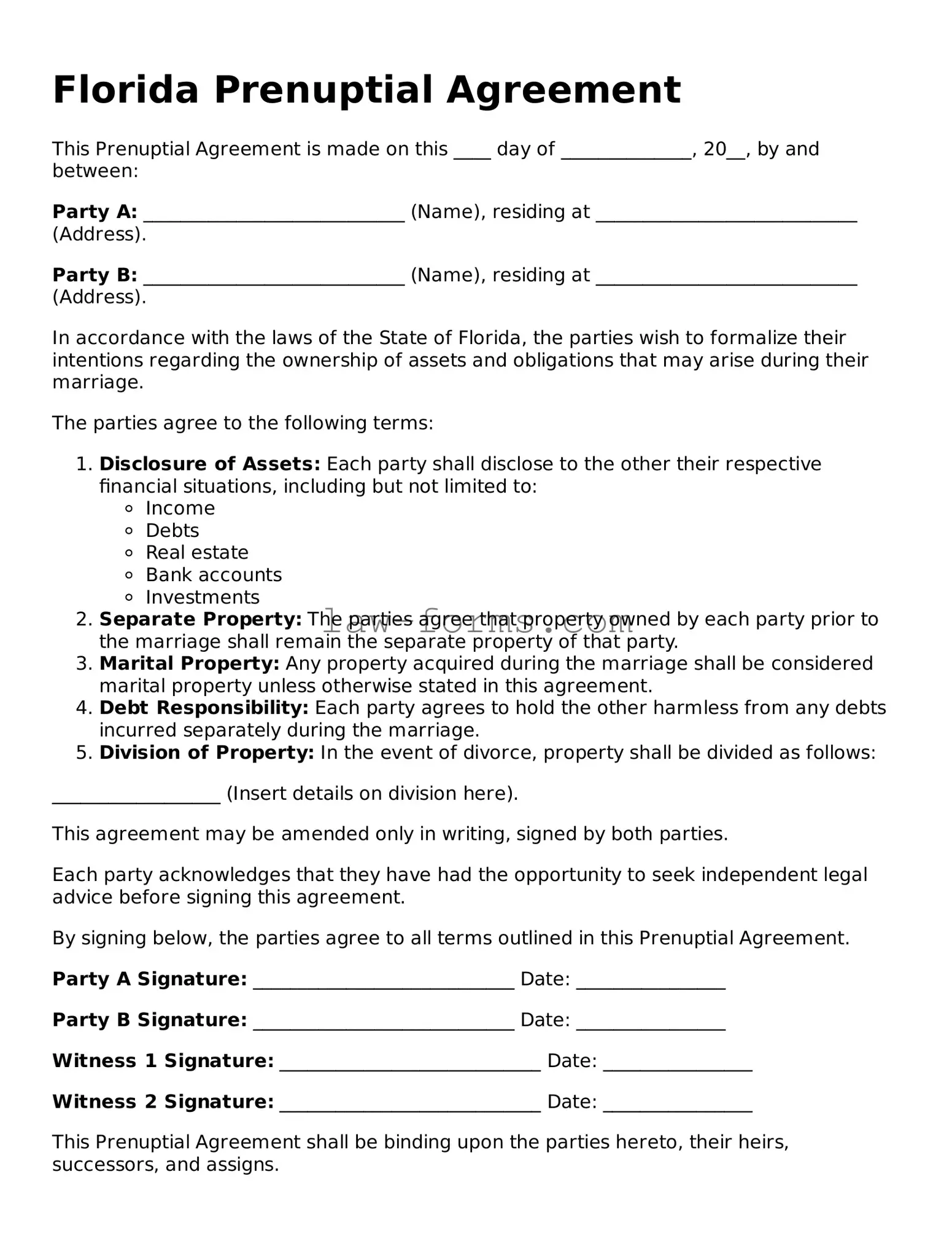 Valid Prenuptial Agreement Form for Florida State