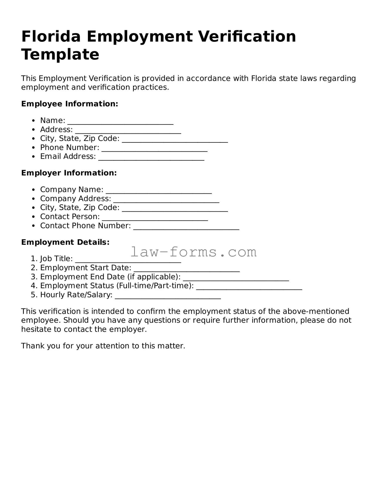 Valid Employment Verification Form for Florida State