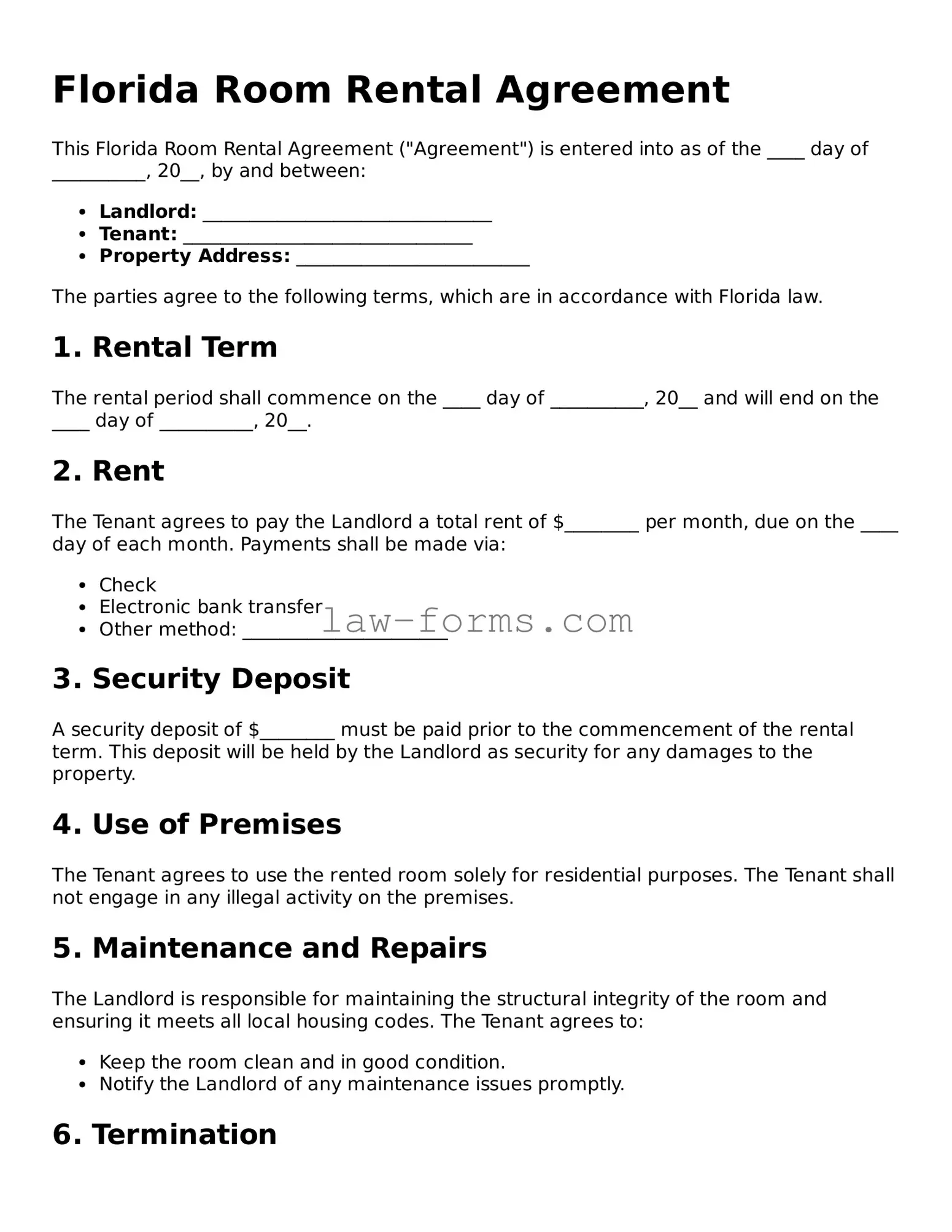 Valid Room Rental Agreement Form for Florida State