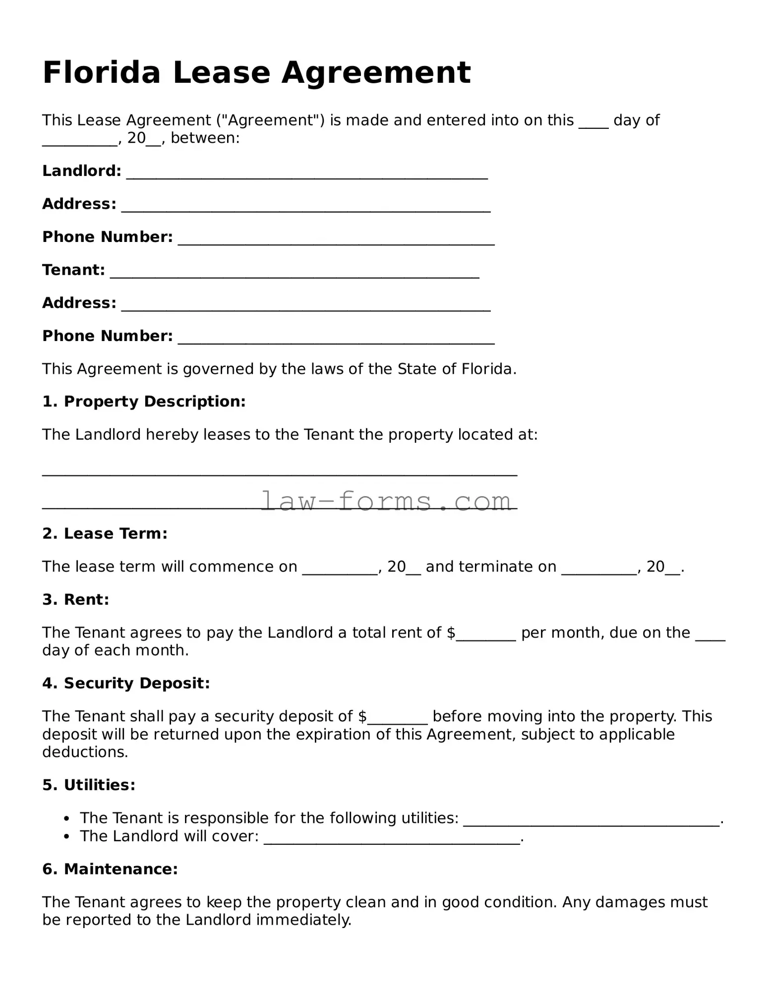Valid Lease Agreement Form for Florida State