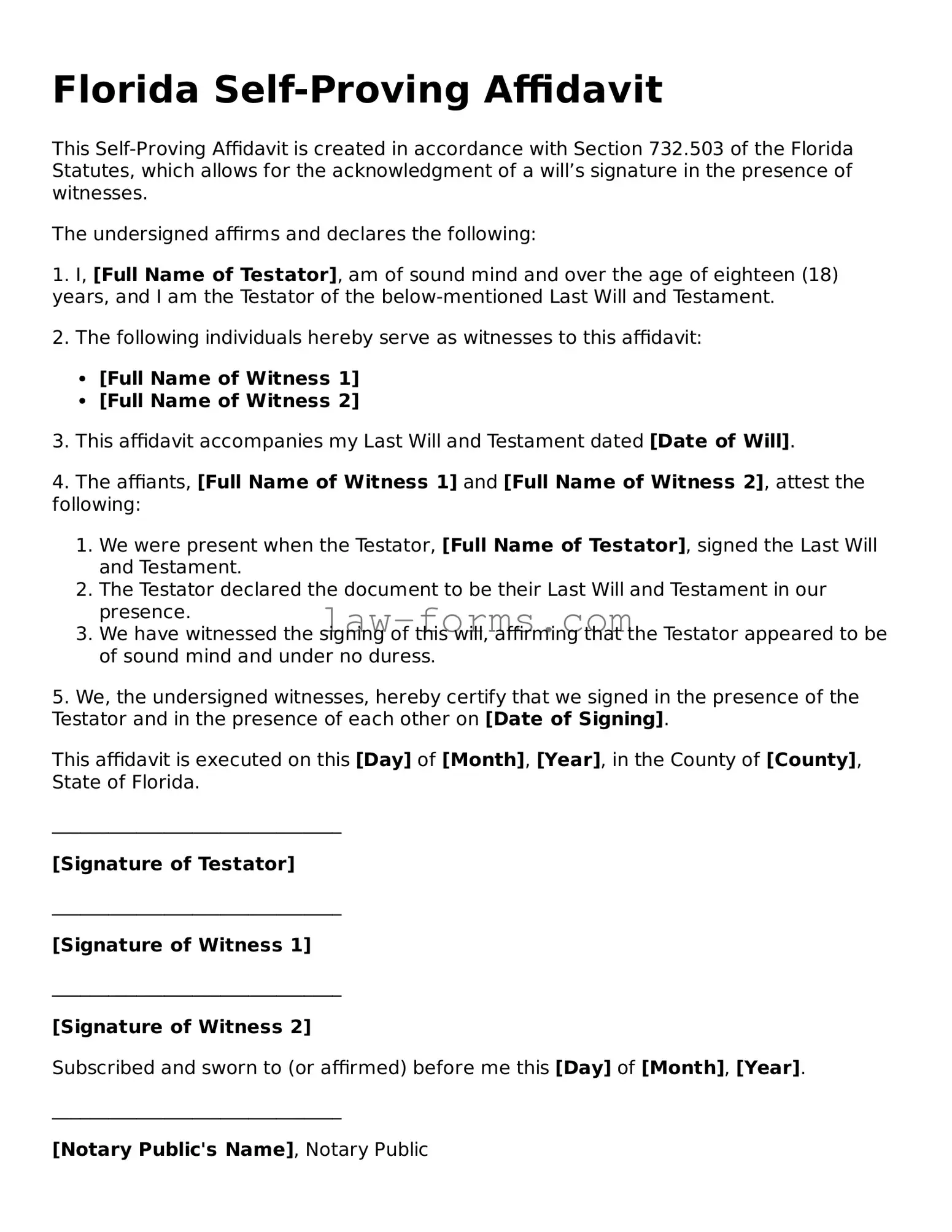 Valid Self-Proving Affidavit Form for Florida State