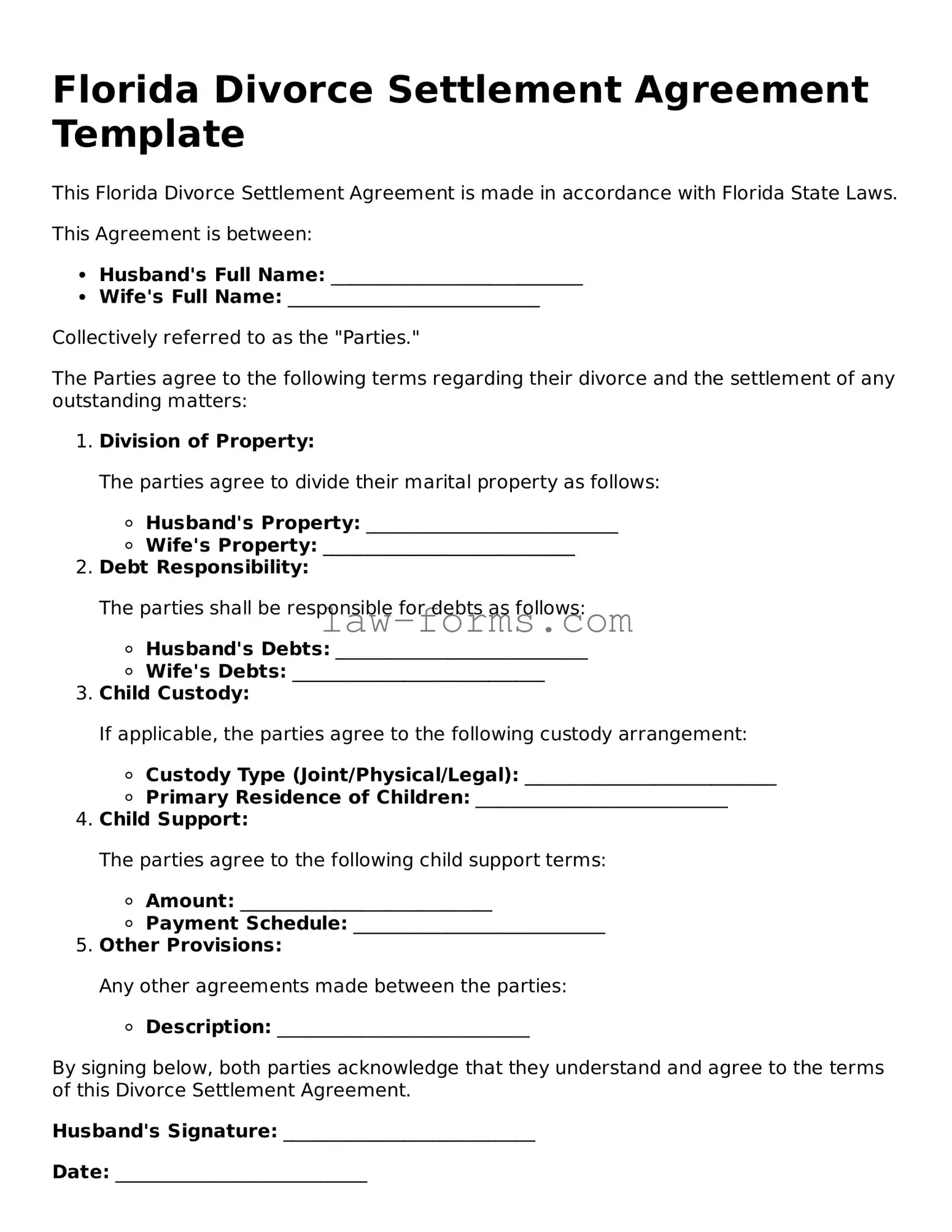 Valid Divorce Settlement Agreement Form for Florida State